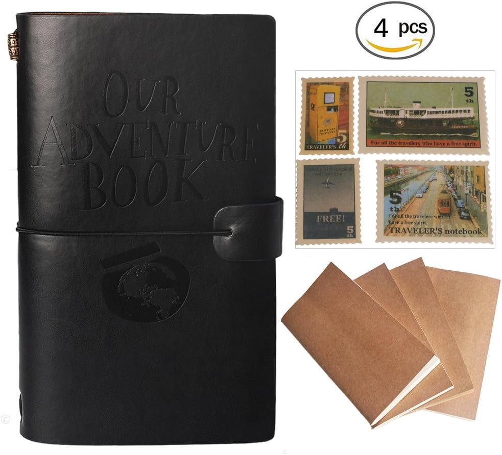 Our Adventure Book Journal 4 Pieces Refillable Notebook Leather Notepad Personal Travel Diary Daily Planner + 18 Card Slots + 18 Stamps + 1 Zipper Pocket