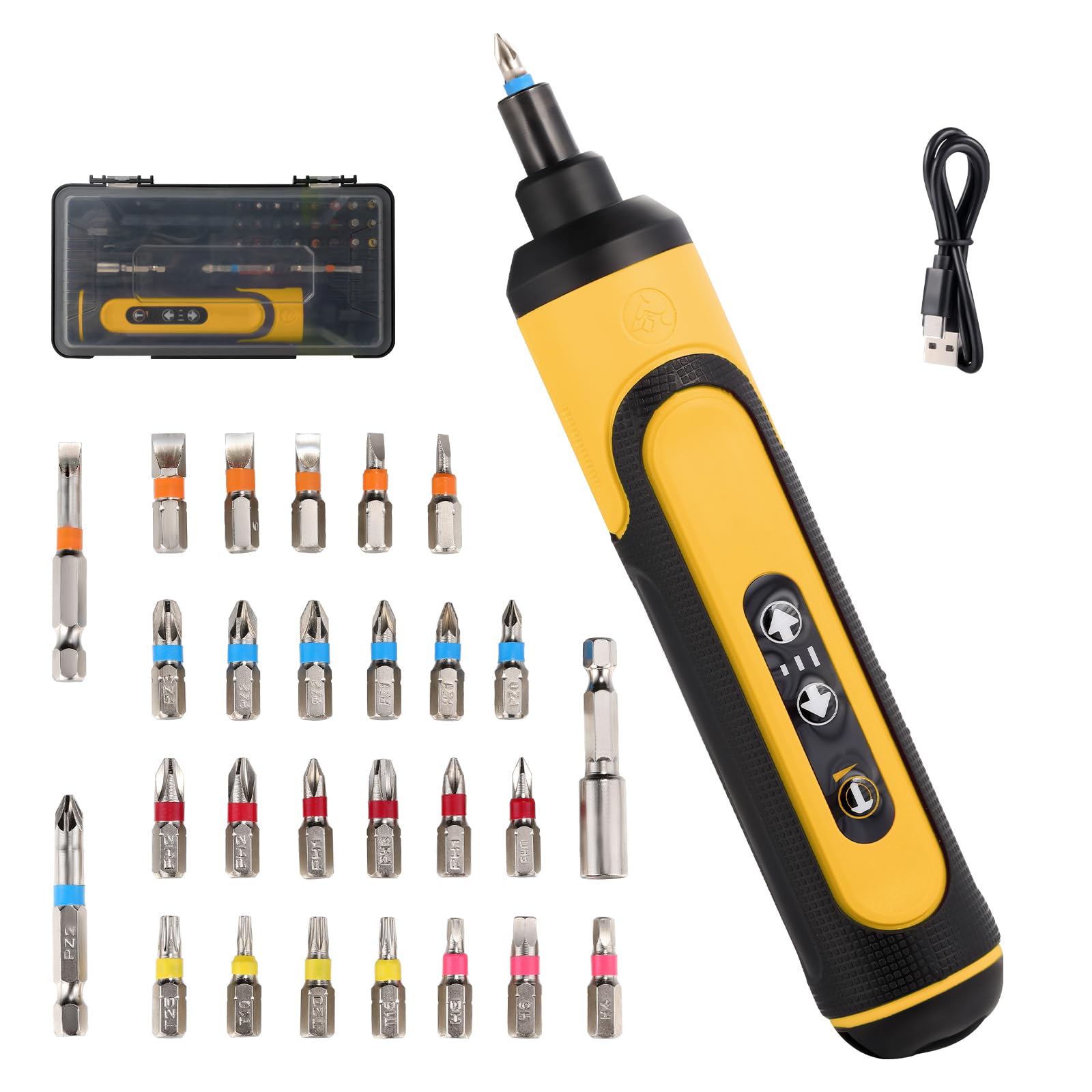 Electric Screwdriver Rechargeable 4V Cordless Screwdriver With 3 Gear Torque Adjustment and 26 Bits Extension Rod USB Charging