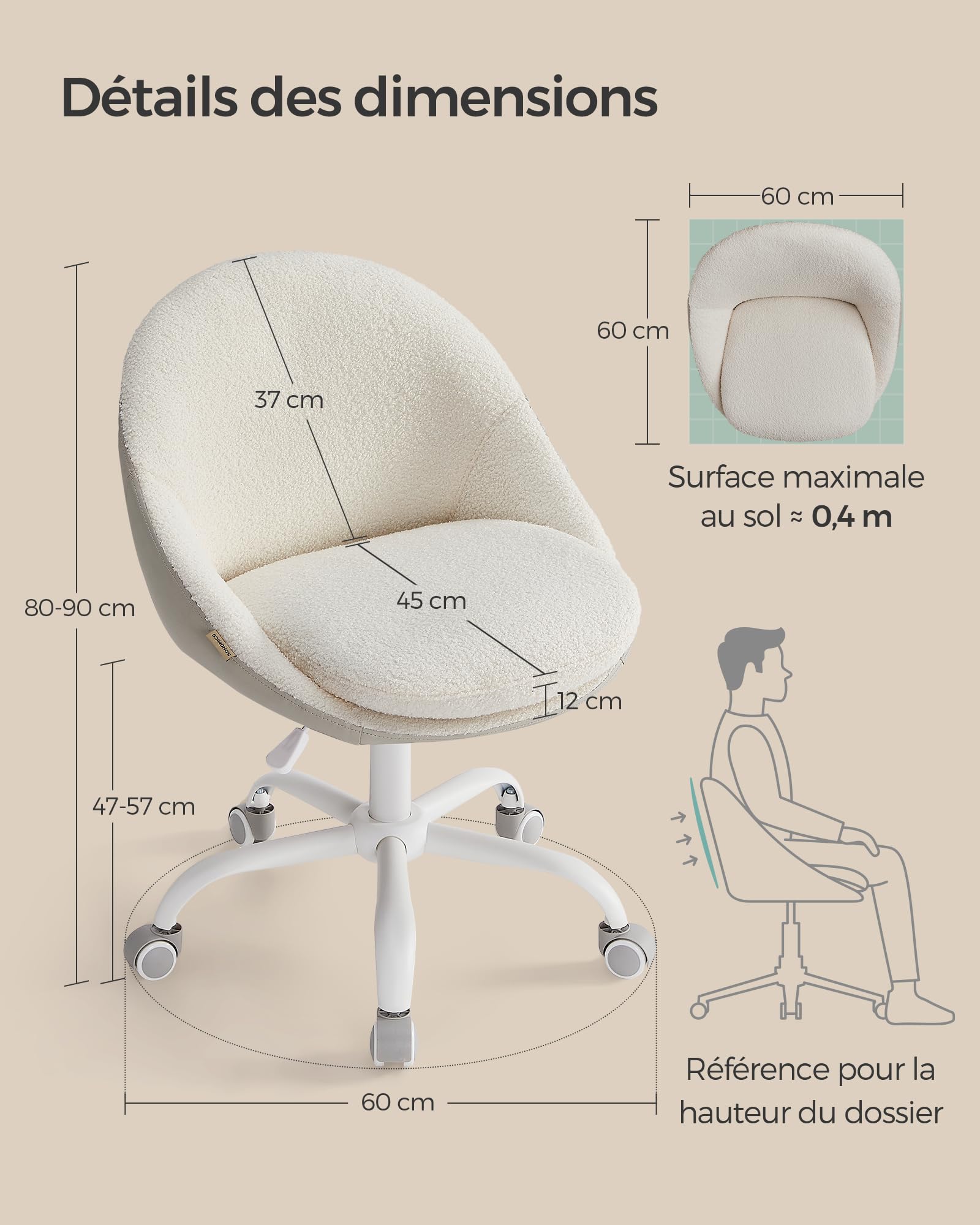 SONGMICS Chaise de Bureau, Fauteuil Pivotant en Peluche et PU, Siège Confort, Rembourrage en Mousse, Réglable en Hauteur, pour Bureau, Chambre, Beige Cappuccino et Blanc Nuage OBG020W01