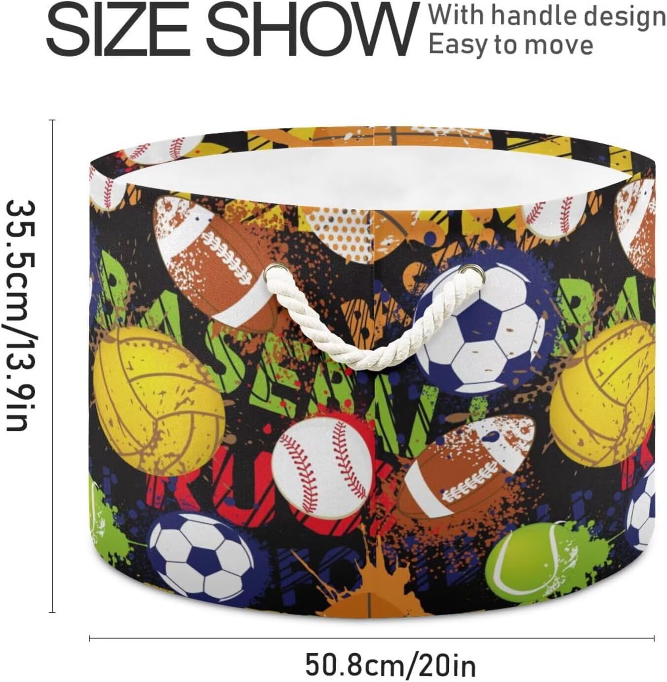 Sport Ball Print Round Storage Basket Graffiti Basketball Baseball Soccer Large Laundry Hamper 20 x 20 x 14 Inches Organizer Bin with Handles Clothes Storage Bag for Nursery Bedroom Living Room Decor
