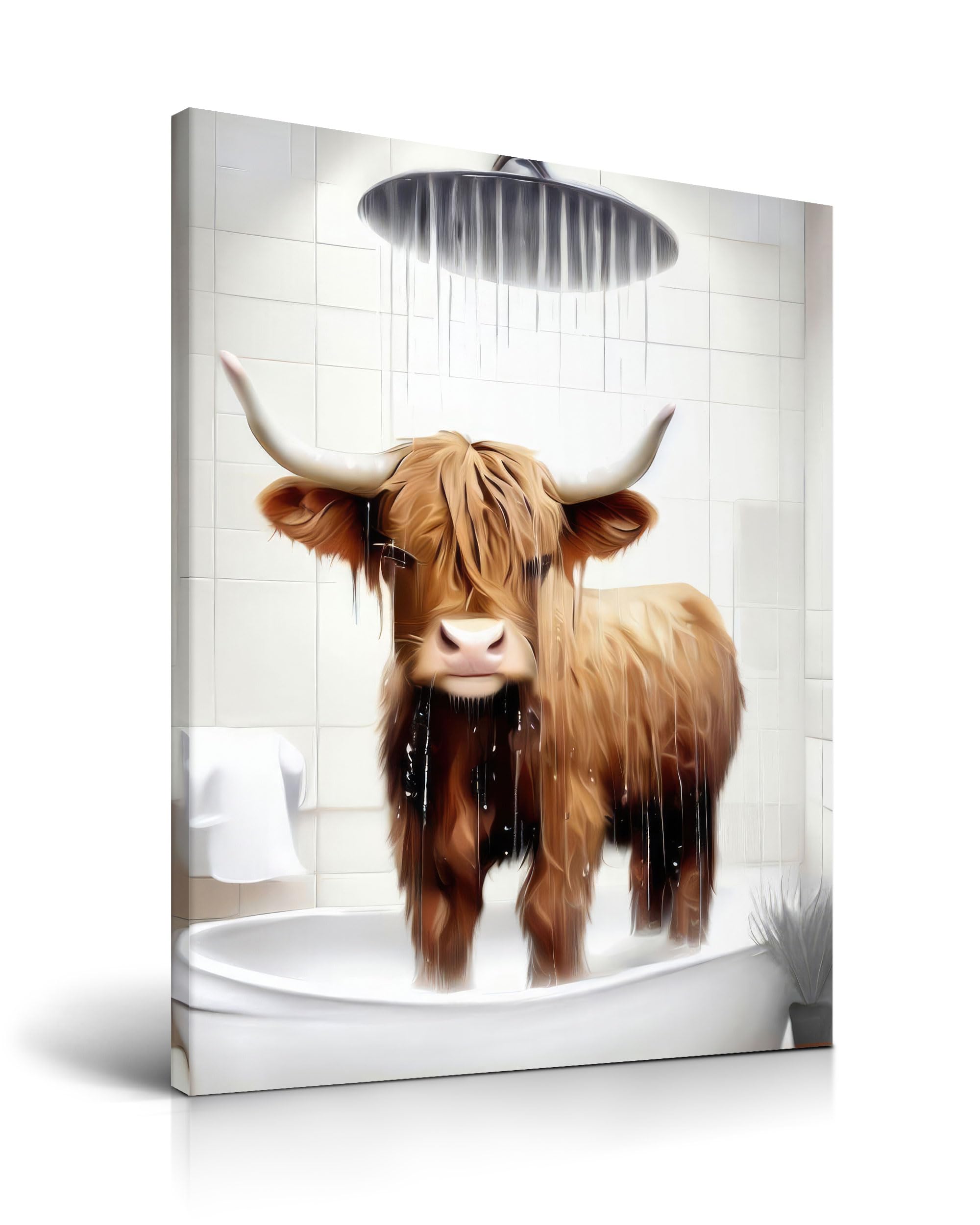 HesenDot Highland Cow Shower Framed Wall Art,30x40cm Funny Bathroom Canvas Print,Cute Bull Poster,Lovely Animal Picture Wall Decor for Bathroom Kid Room Bedroom Nursery,1 Pack