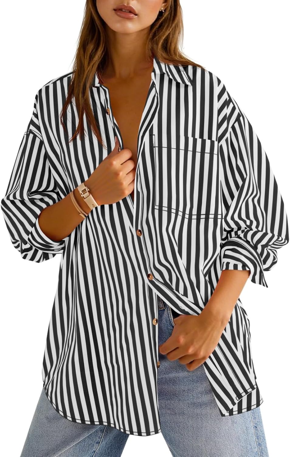 Cicy Bell Womens Oversized Striped Button Down Shirts Boyfriend Long Sleeve Collared Work Blouses