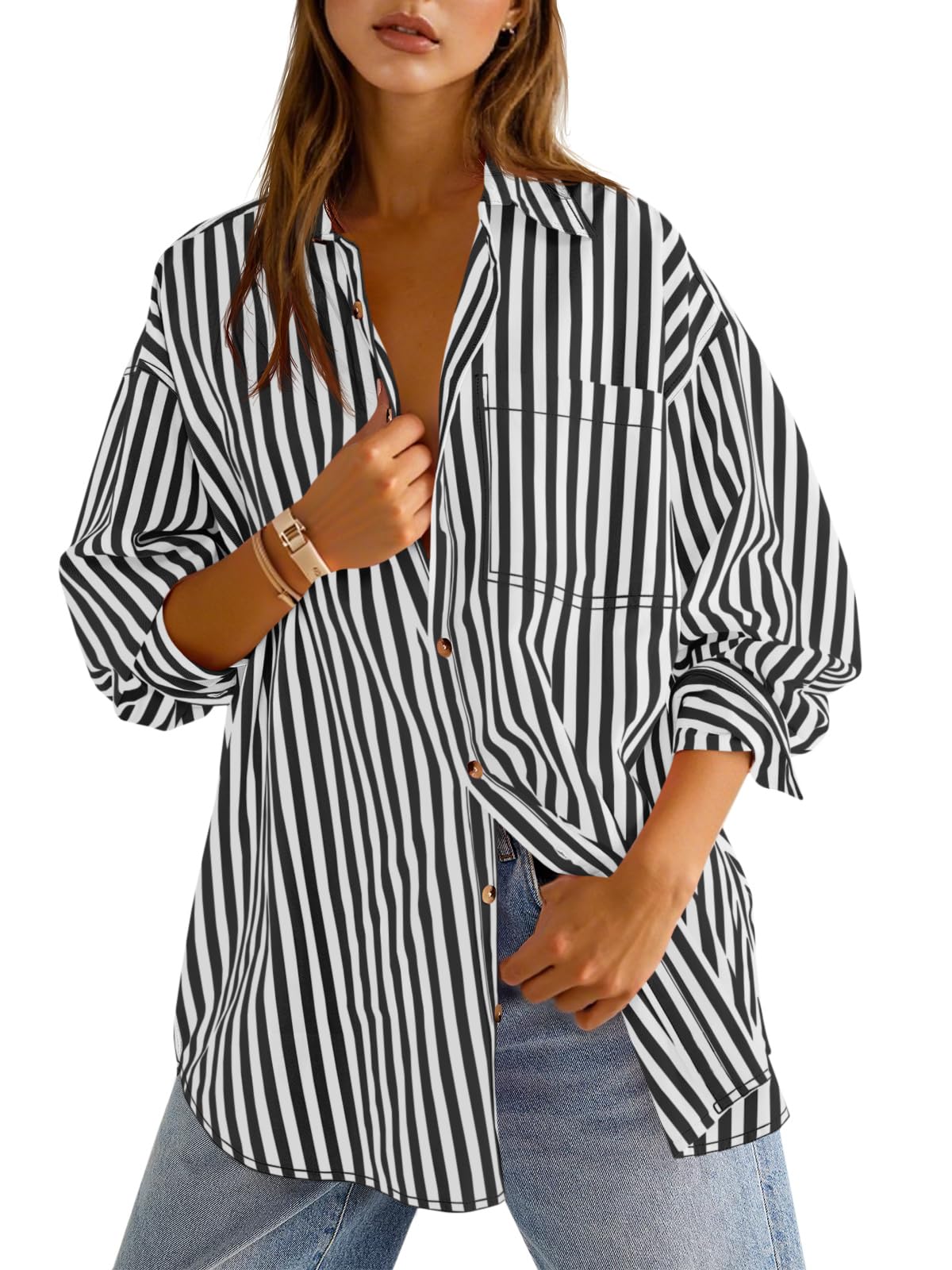 Cicy Bell Womens Oversized Striped Button Down Shirts Boyfriend Long Sleeve Collared Work Blouses