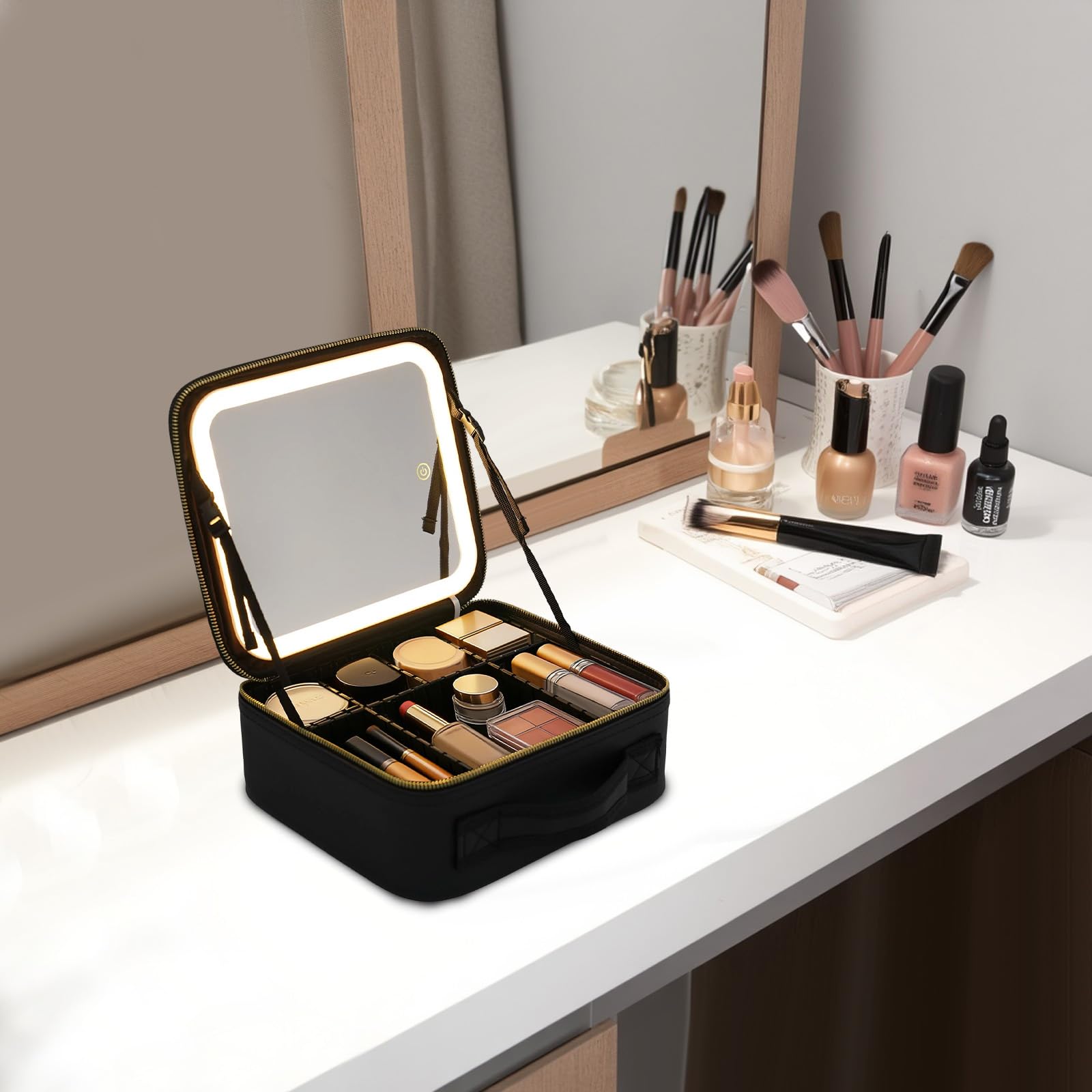 Reisekosmetiktasche mit beleuchtetem Spiegel, wasserdichte Makeup-Trainingsbox mit LED-Spiegel, Einstellbarer Helligkeit in 3 Farbszenarien, Verstellbaren Teiler, Geschenk für Frauen (Schwarz)
