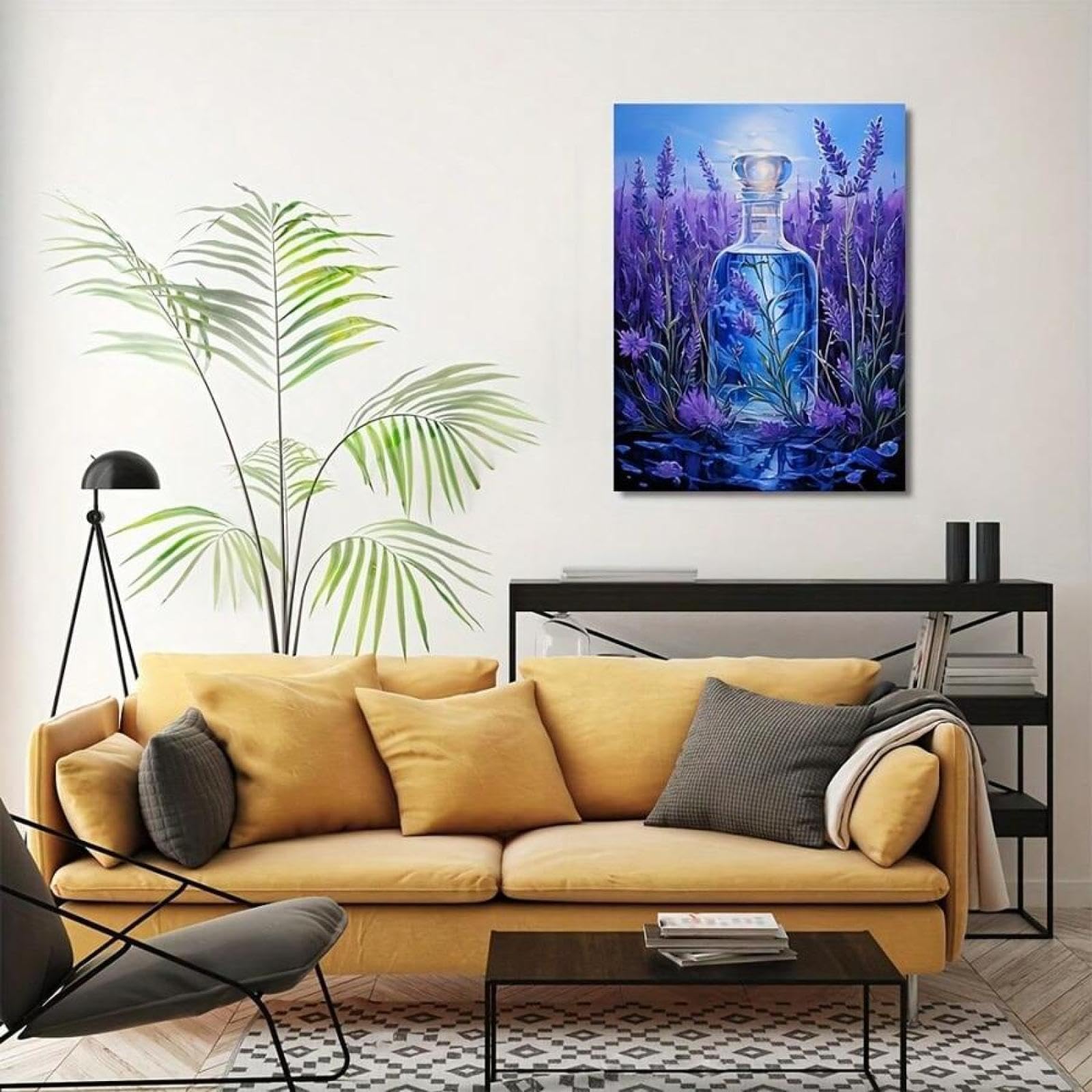 XINBAO Stampe su tela con bottiglia di campo di lavanda, decorazione artistica, paesaggio floreale country, dipinto per bagno, soggiorno, poster da parete, 70x90 cm, cornice interna