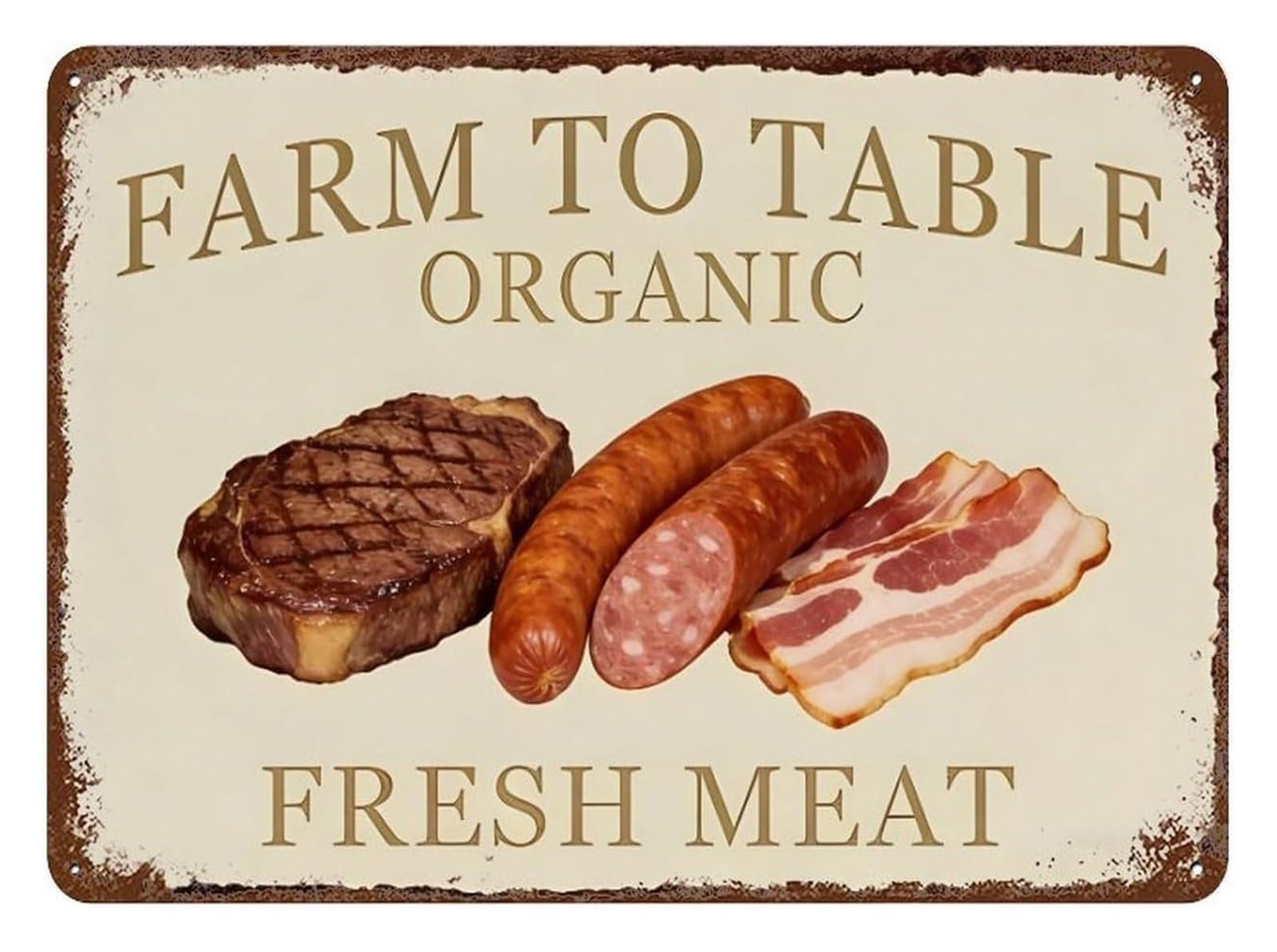 ZDVHOMCB Fresh Meat Farm to Table Metal Tin Sign Butcher Shop Style Wall Decor for Kitchen Pantry Mudroom Country Farmhouse Gift Idea 8 X 12 inch