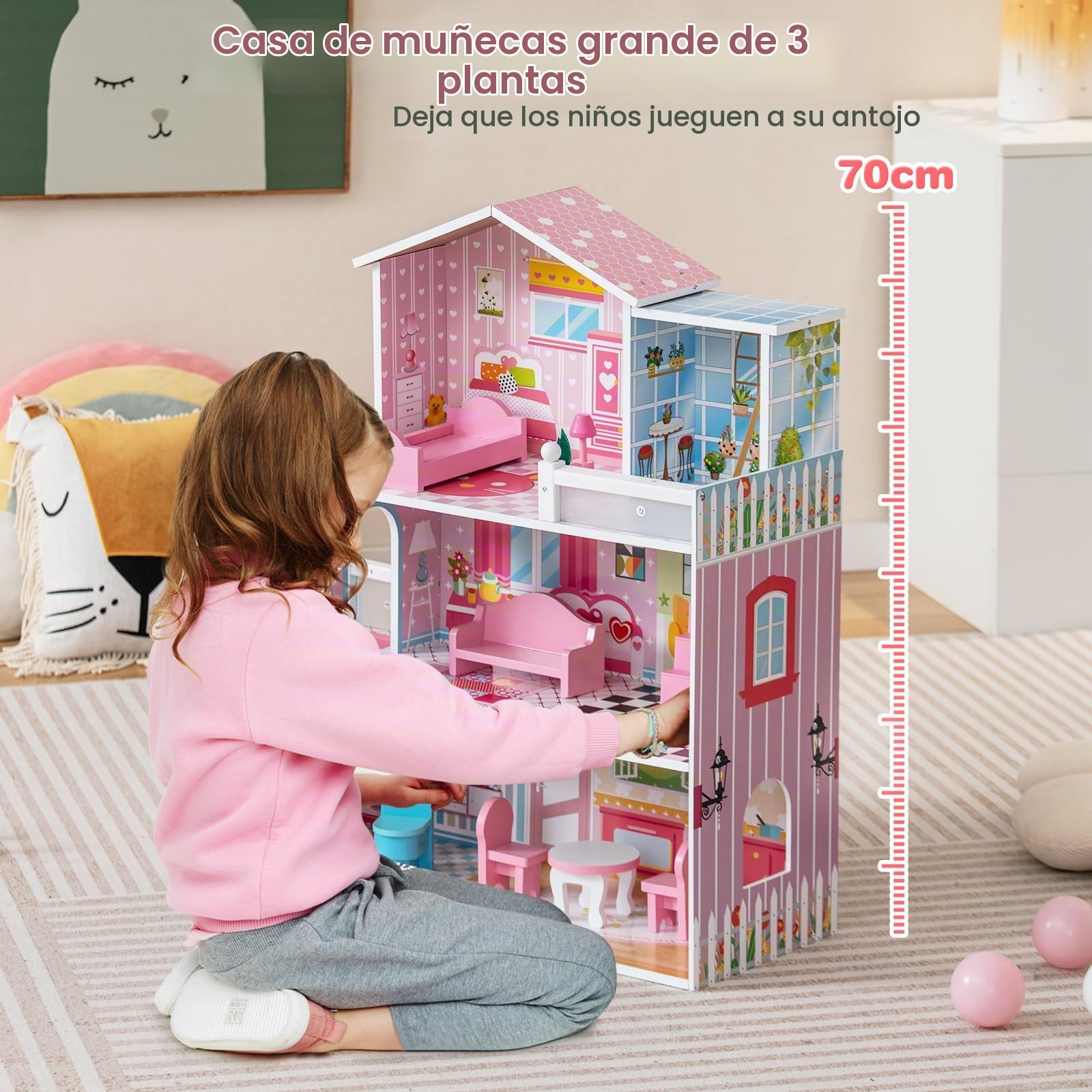 HOMASIS Casa de muñecas de 3 estantes, Casa de muñecas de Madera con 5 Habitaciones y 10 Muebles, Villa de los sueños, Juegos para niñas y niños a Partir de 3 años, 60 x 25 x 70 cm, Rosa