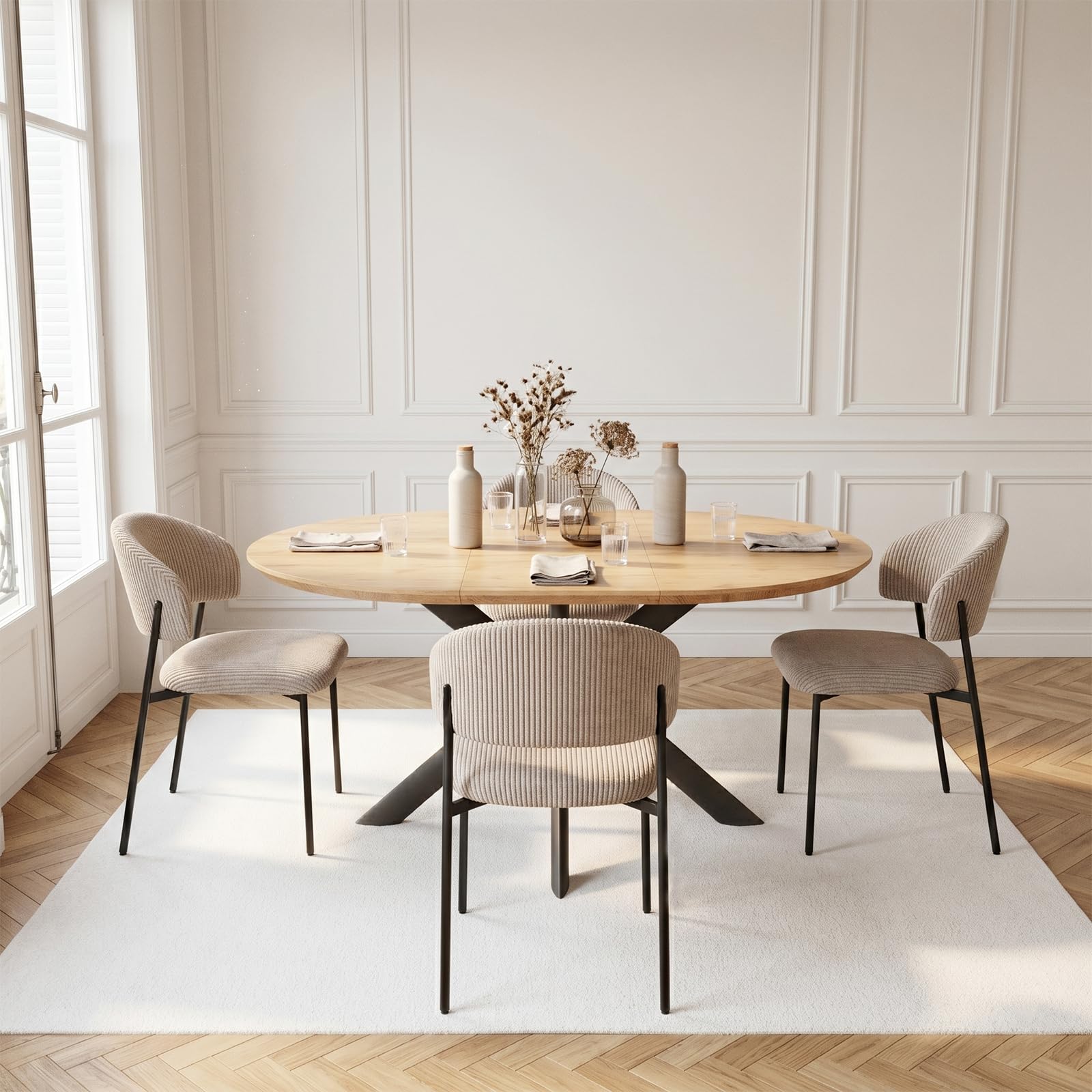 JIEXI Juego de 4 mesas de Comedor Redondas Extensibles, 110-150 cm, Acabado de Roble MDF, 4 sillas de Pana, Estilo Moderno y contemporáneo para Comedor y Cocina