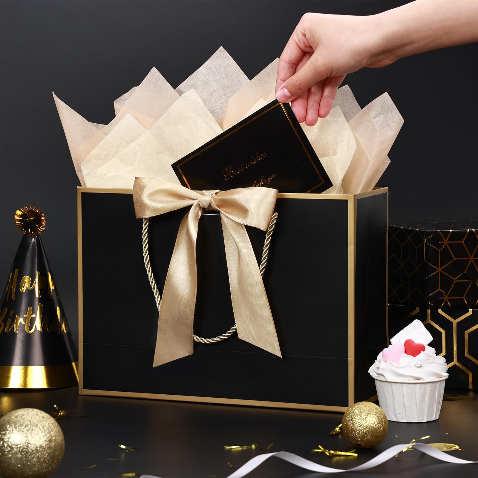 Sacchetto Regalo 16° Compleanno Con Biglietto E Carta Vellina, Eleganza Nero Oro, 33 Cm, Per Ragazzo E Ragazza