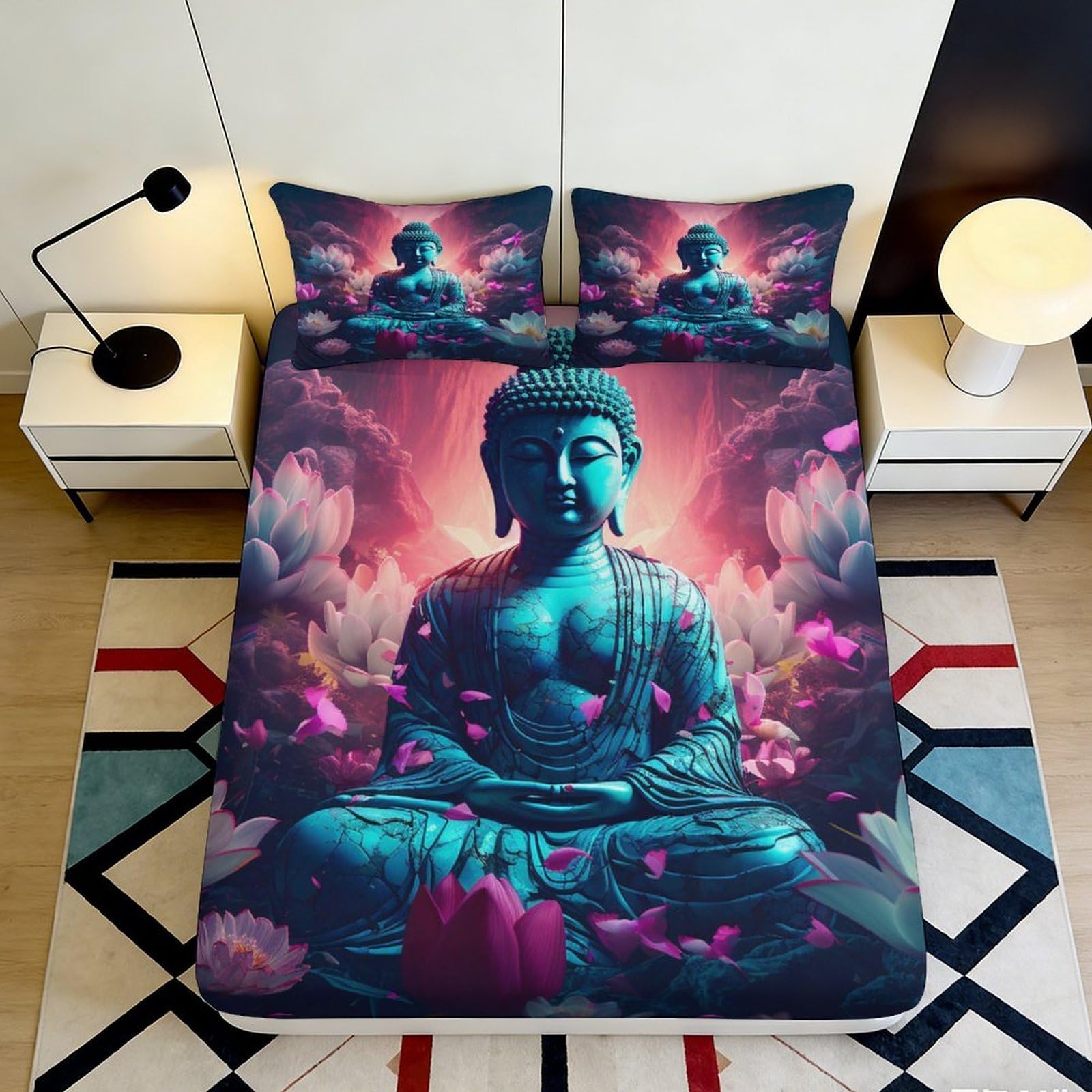 3D Printed Buddha Lotus Fitted Sheet Microfiber Soft Breathable Meditation Bed Cover for Bedroom Dorm Mattress Protection Decor 160x200x25cm