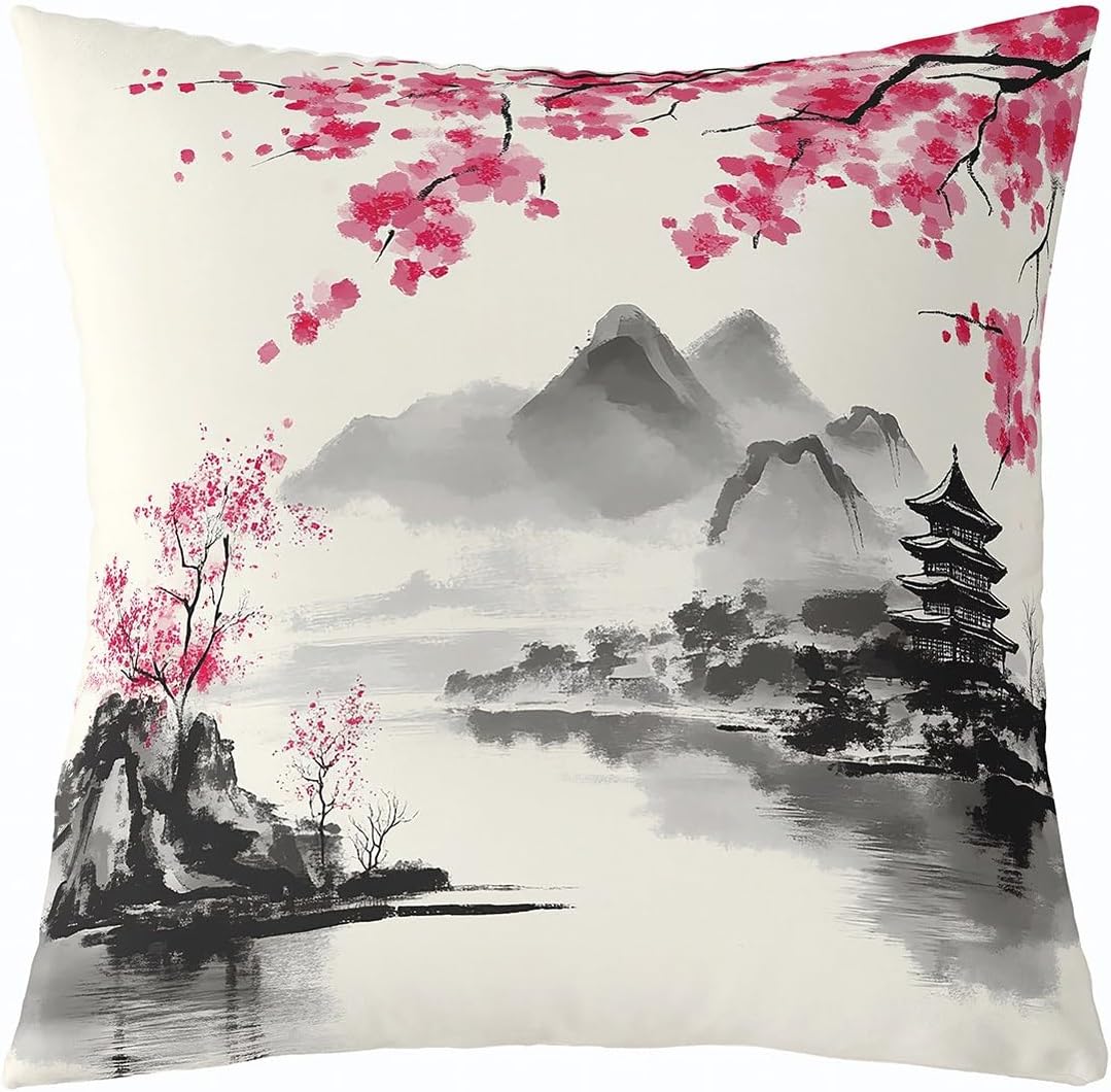 Feelyou Japanese Style Throw Pillow Cover,Japanese Ukiyoe Cushion Case for Home Living Room Decor,Reversible Sakura Flower Traditional Retro Theme Pink Decorative Throw Cushion Case,24x24 Inches