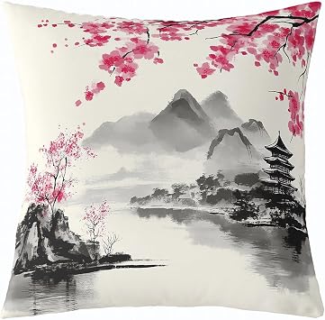 Feelyou Japanese Style Throw Pillow Cover,Japanese Ukiyoe Cushion Case for Home Living Room Decor,Reversible Sakura Flower Traditional Retro Theme Pink Decorative Throw Cushion Case,18x18 Inches