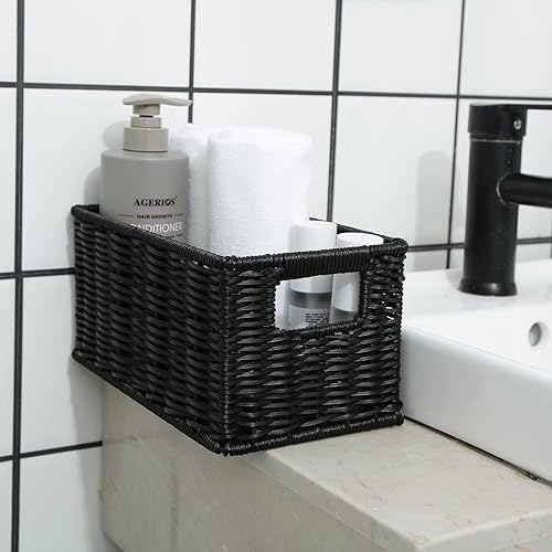 Vista 20 de HOONEX Cestas de almacenamiento de jacinto de agua, cestas de mimbre para organizar, cestas tejidas a mano con asas de transporte, juego de 2