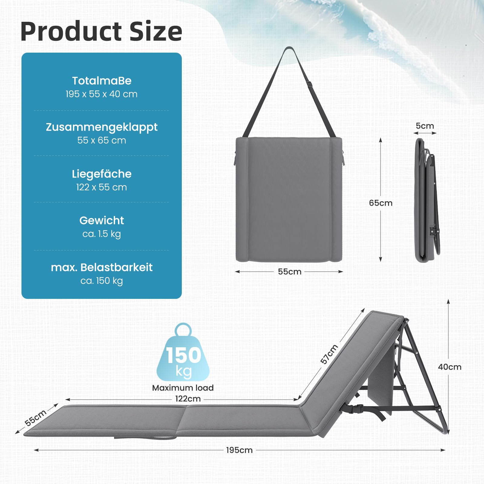 Amopatio 2er Set Strandmatte Klappbar mit Mehrstufig Verstellbarer Rückenlehne & Tragegurt – Faltbare Sonnenliege mit Tasche für Strand, Garten, Camping & Terrasse, Grau