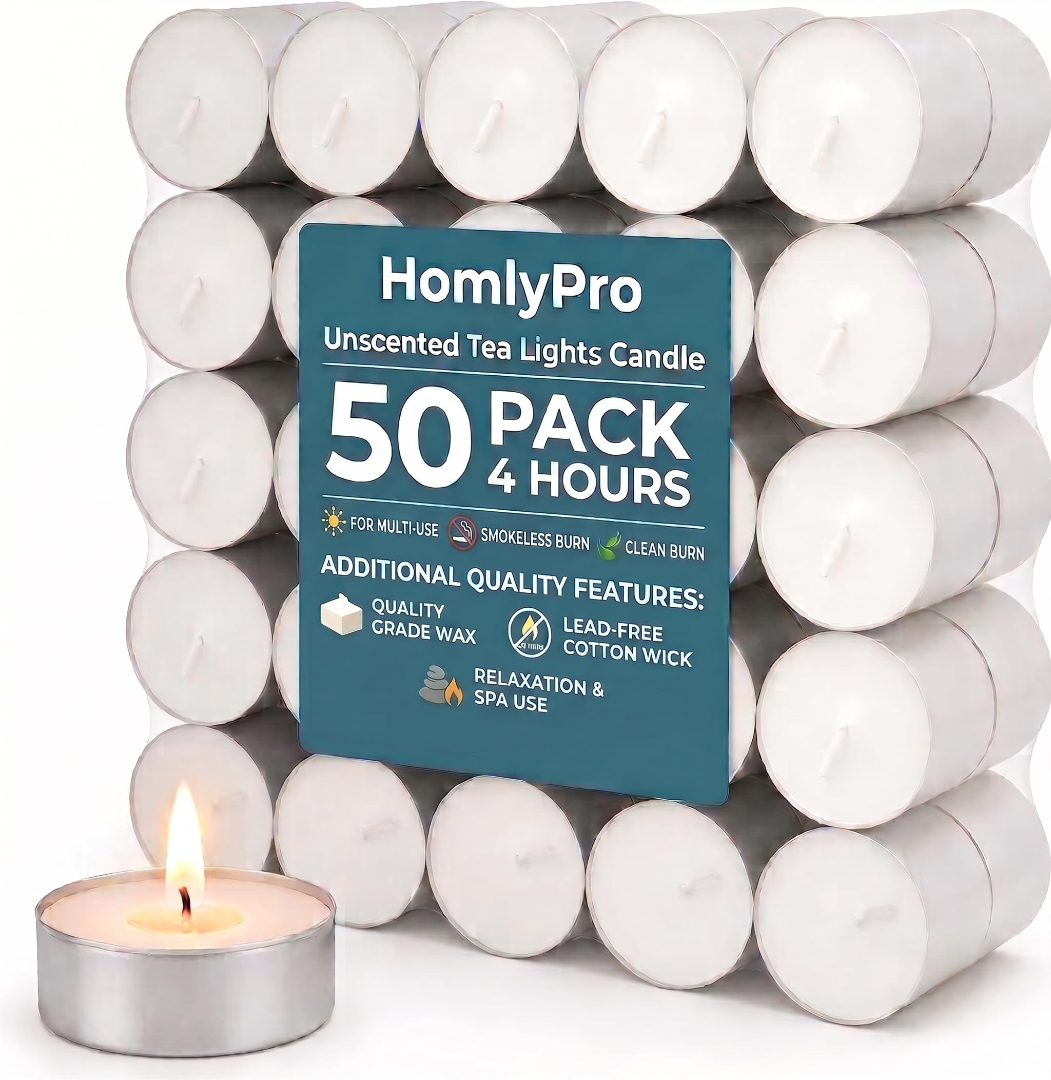 HomlyPro Unscented Tea Lights Candle 50 Pack 4 Hour Burn Time Smoke-Free & Long-Burning Tealight Candles with Bright Flame, Ideal for Weddings, Events, Home Decor, and Everyday Use โ image 1
