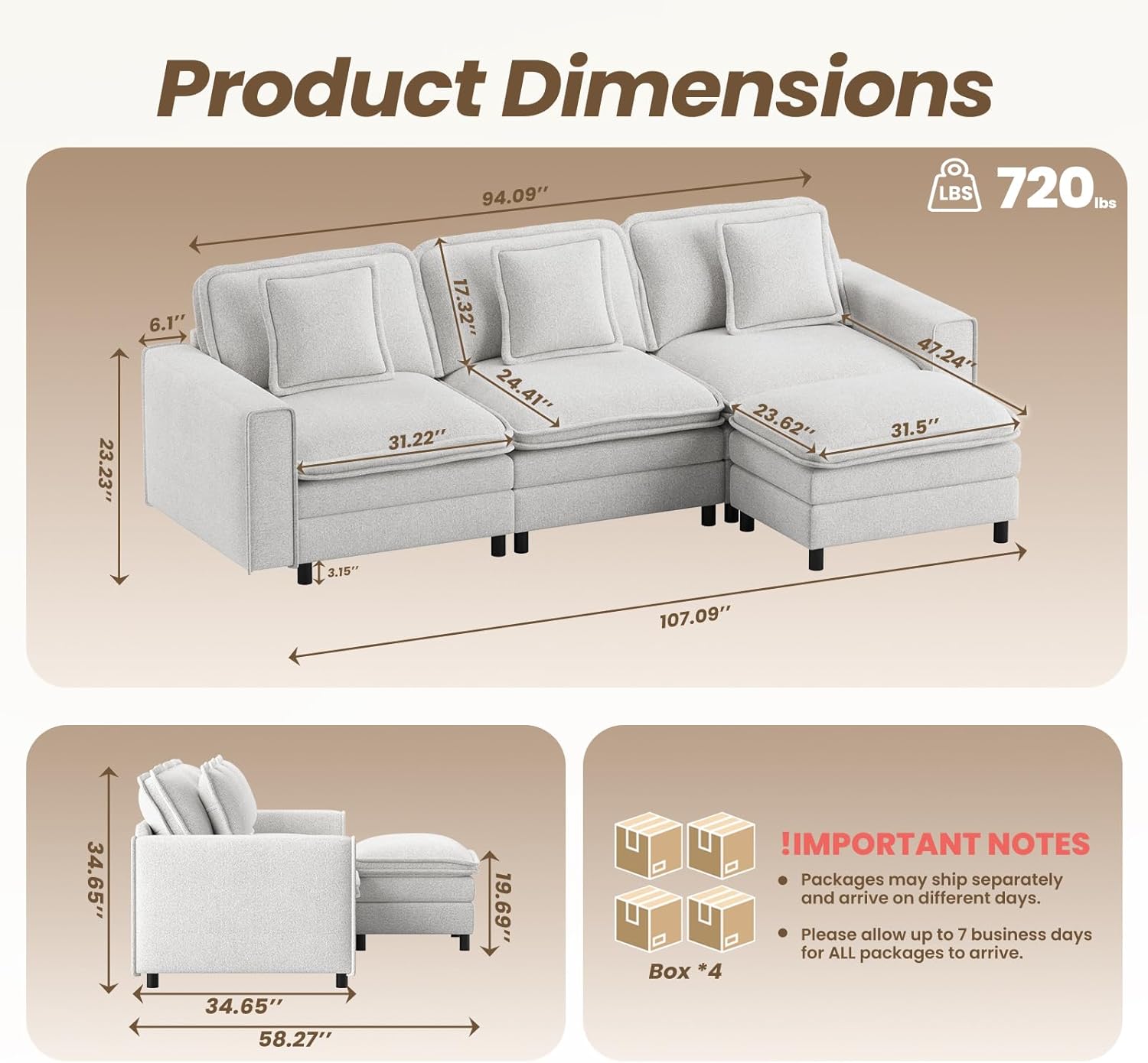 MALOL Modular Sectional Sofa 107", Comfy Cloud Couch with Ottoman, Deep 4-Seat L Shaped Modular Sofa, Couches with Throw Pillows for Living Room, Beige