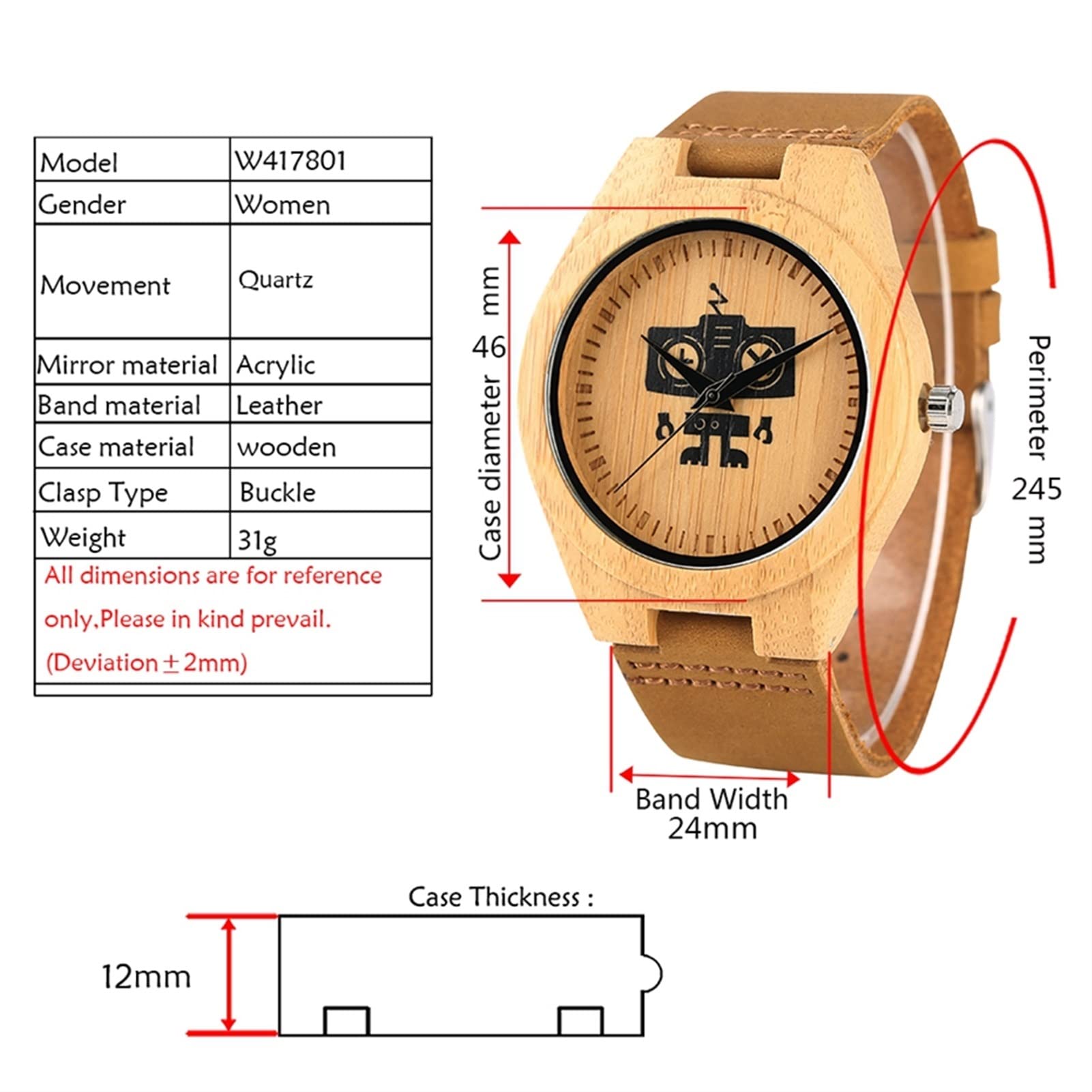 Carino Black Robot Design Design Mens Orologi di Legno Naturale analogico Semplice Orologio da Polso al Quarzo Orologio in Legno Orologio for Gli Uomini Uomo Orologi da Polso