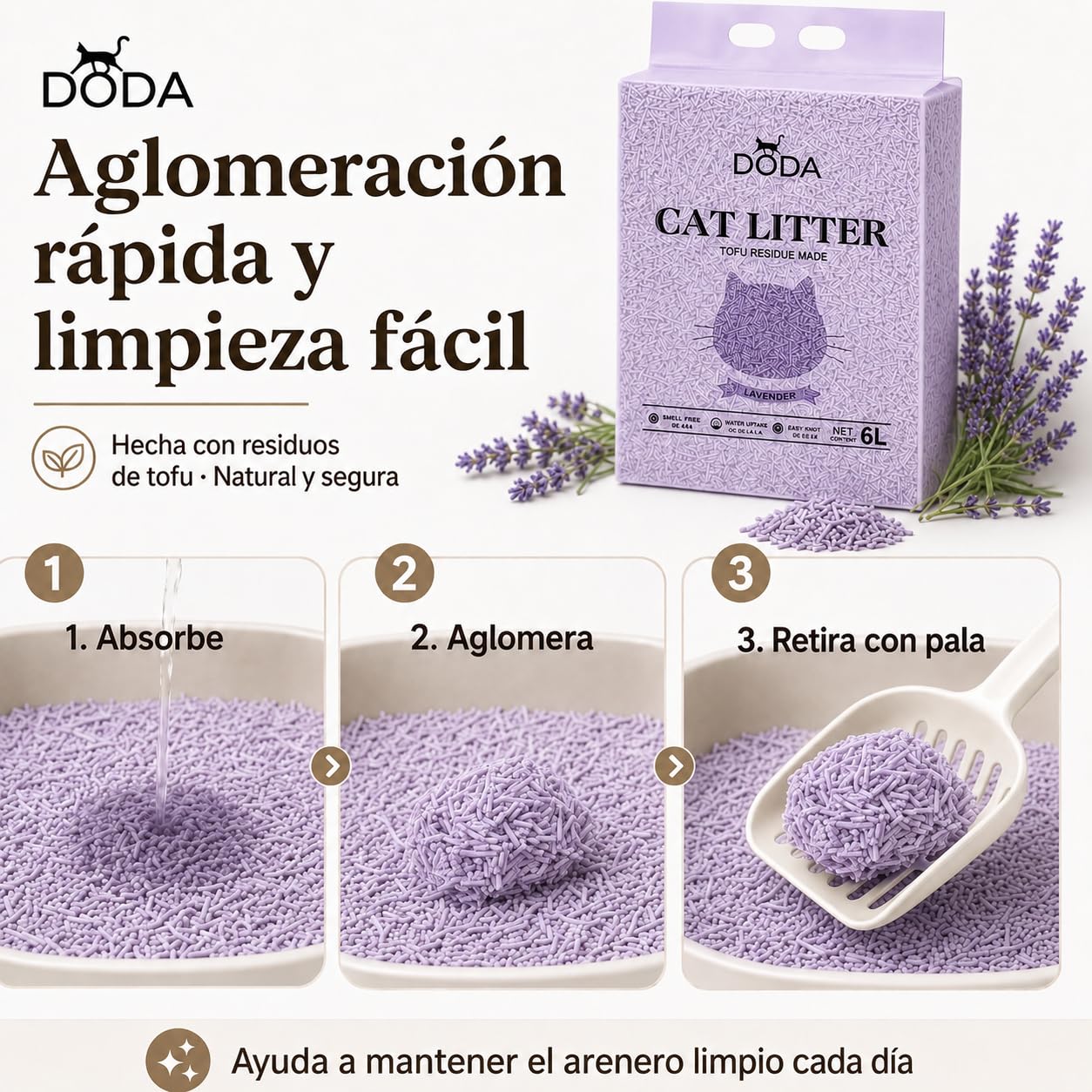 Arena Tofu Gatos 8kg DODA – Arena Aglomerante para Gatos, Arena Vegetal de Tofu Biodegradable, Bajo Polvo, Control de Olores, Absorción Rápida, Aroma Lavanda