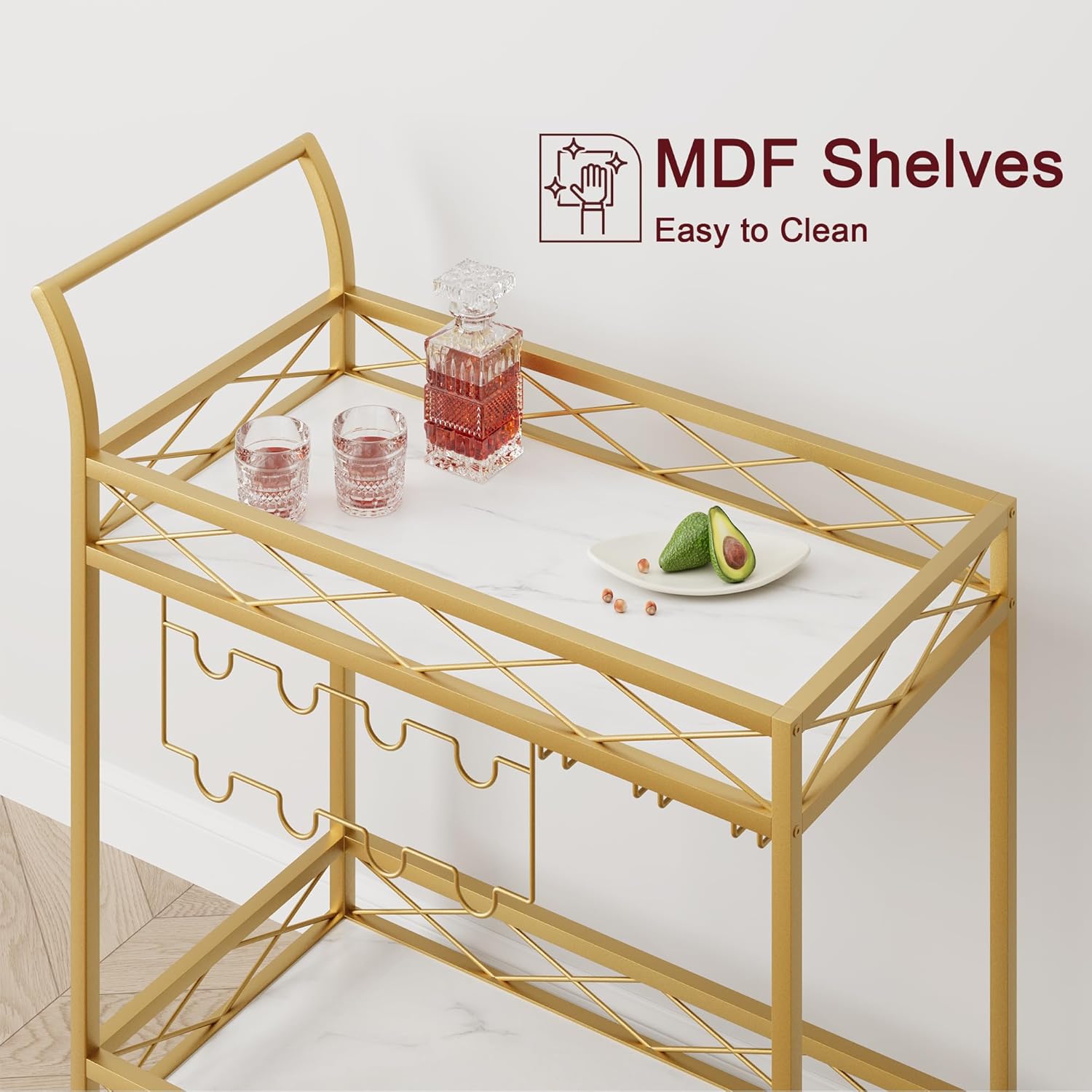 GAOMON Gold Bar Carts with 2-Tiers Storage Shelves，Mobile Kitchen Seving Carts on Wheels with Wine Rack and Glass Holder for Kitchen, Living Room, Dining Room
