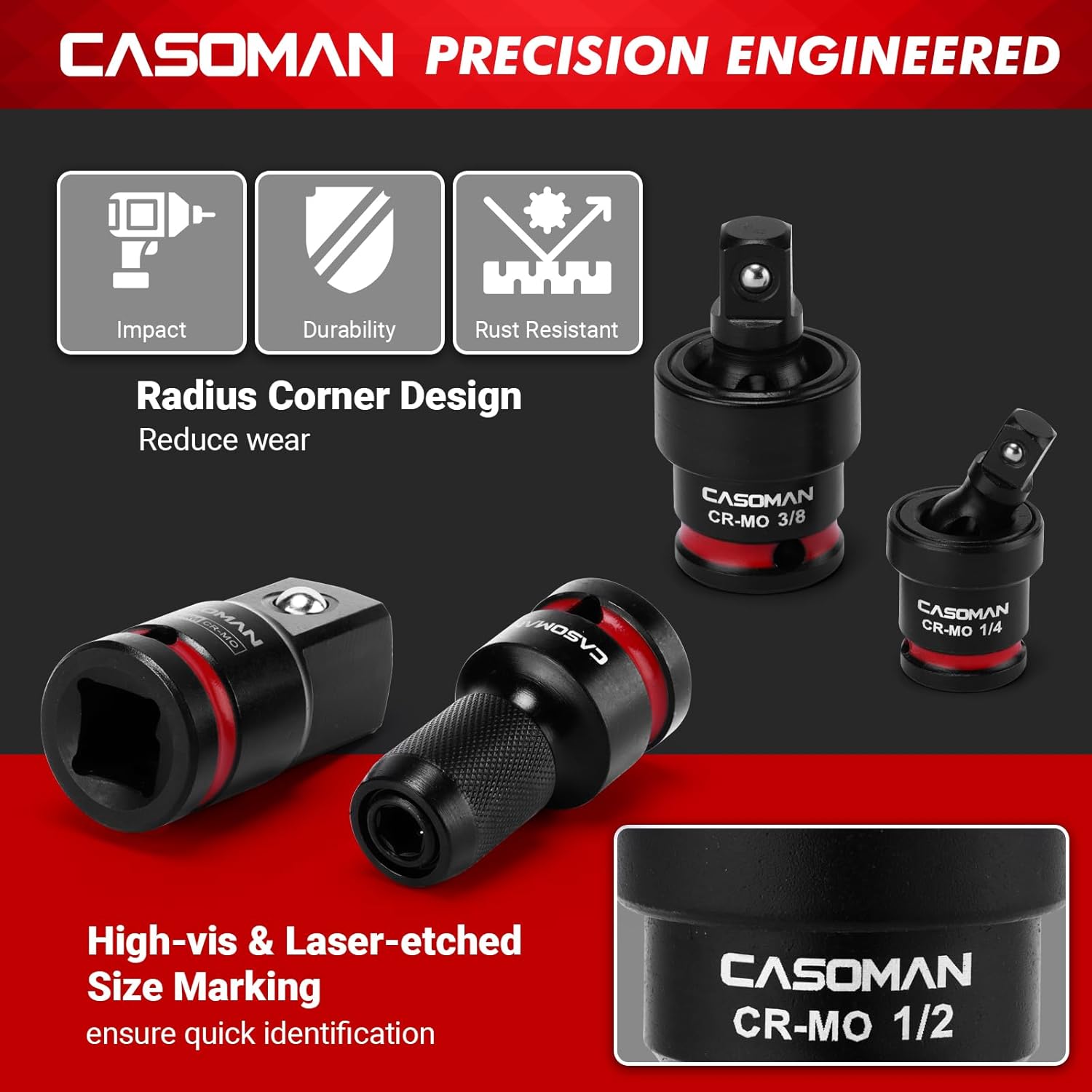 CASOMAN 11PCS Impact Socket Accessory Set, Includes Impact Socket Adapters and Reducers, Impact to 1/4" Hex Converters, Swivel Socket Adapters, CR-MO Steel, for Automotive Repair