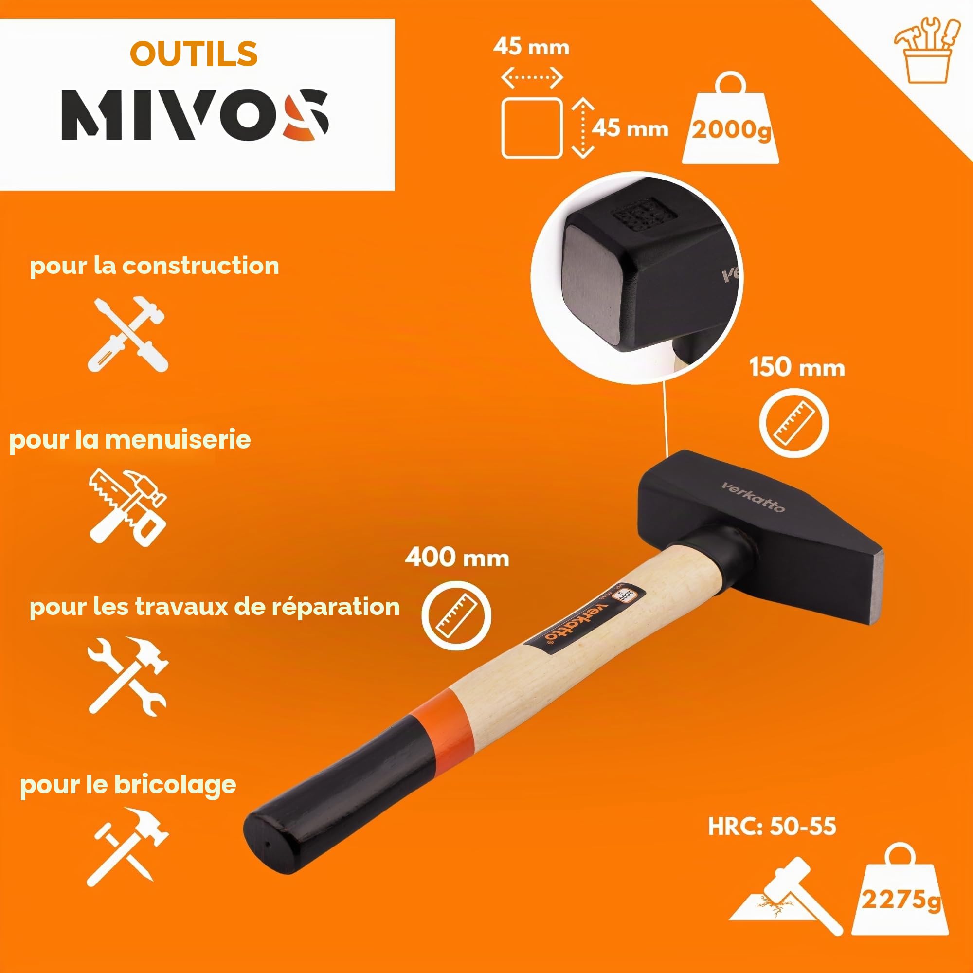 Marteau de serrurier Mivos 2000 g avec manche en bois - Marteau d'ingénierie avec tête en acier forgé