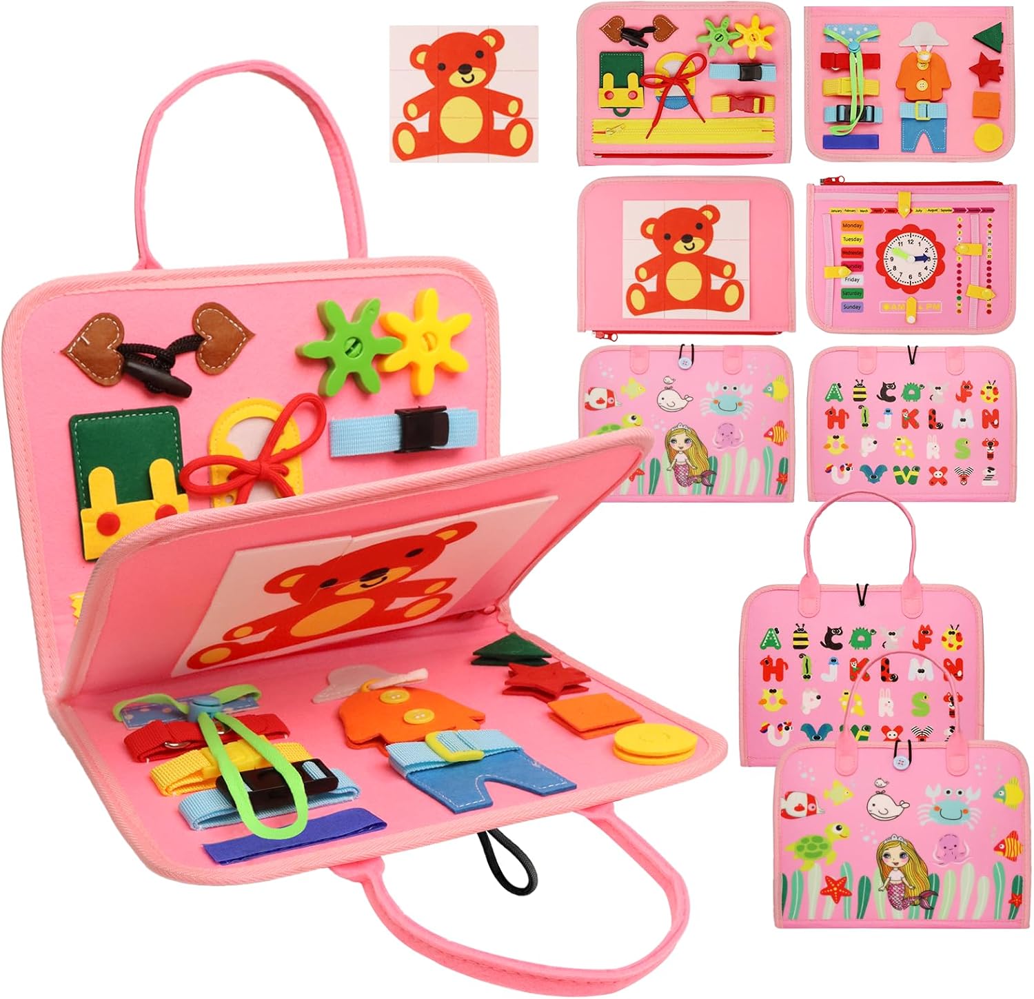 MAJAVI Busy Board Montessori Toys for 1 2 3 4 Year Old, Busy Book for Toddlers 1-3 Boys Girls Birthday Gifts, Sensory Educational Activities Travel Toys for Learning Fine Motor Skills, Pink-3 Pages