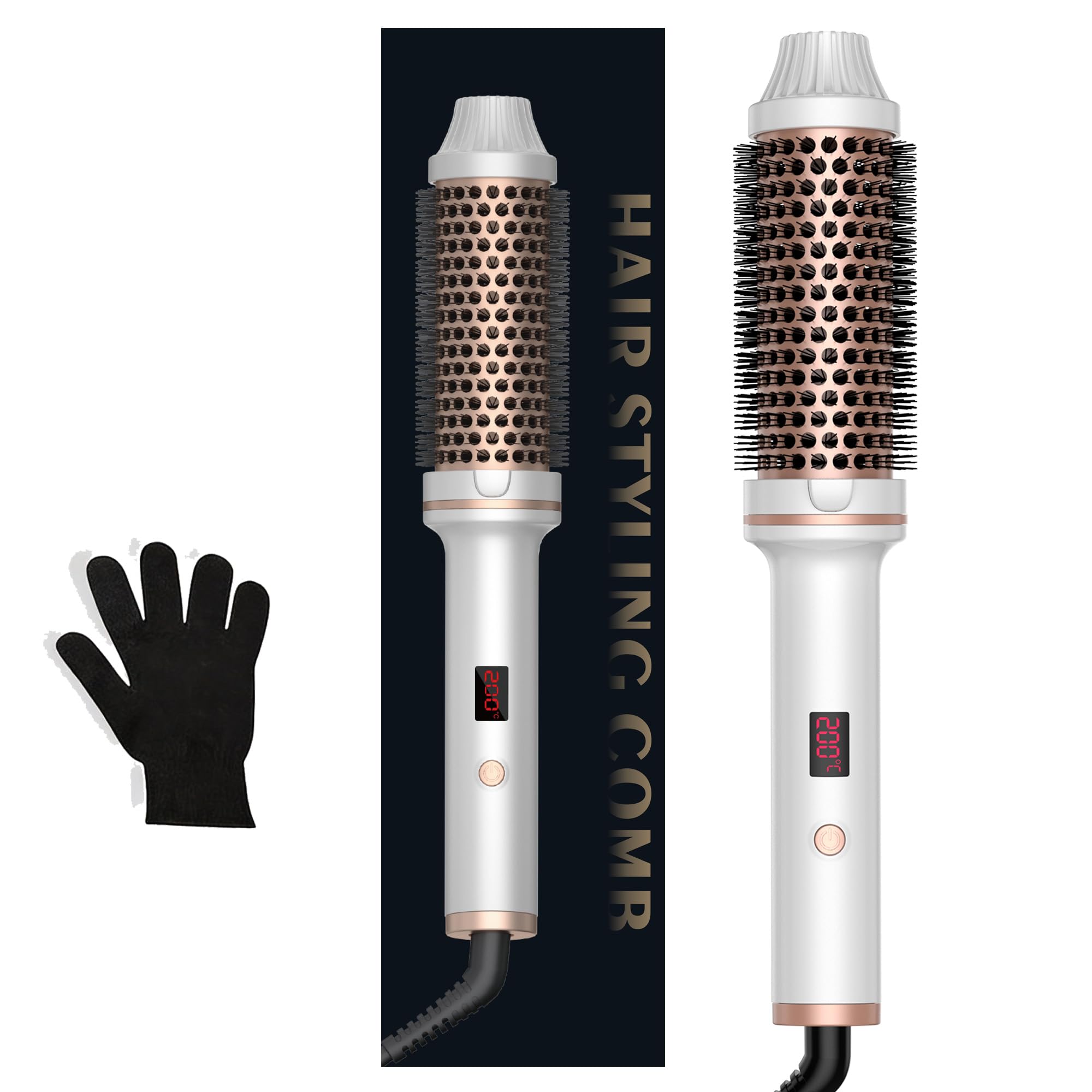 Spazzola termica 3 in 1, 38 mm, spazzola per ricci, display LCD 120 – 200 °C, aumenta il volume dei capelli, ricci sciolti, capelli lisci, dimensioni compatte leggere, doppia tensione, adatto per