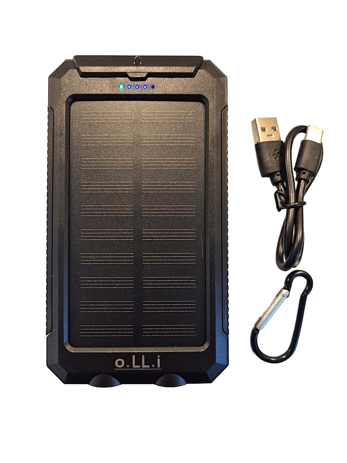 o.LL.i. Power Bank. Banca di energia solare portatile da 20.000 mAh, resistente all'acqua e agli urti, caricabatterie per dispositivi mobili. Torcia e stregola. Nero e verde