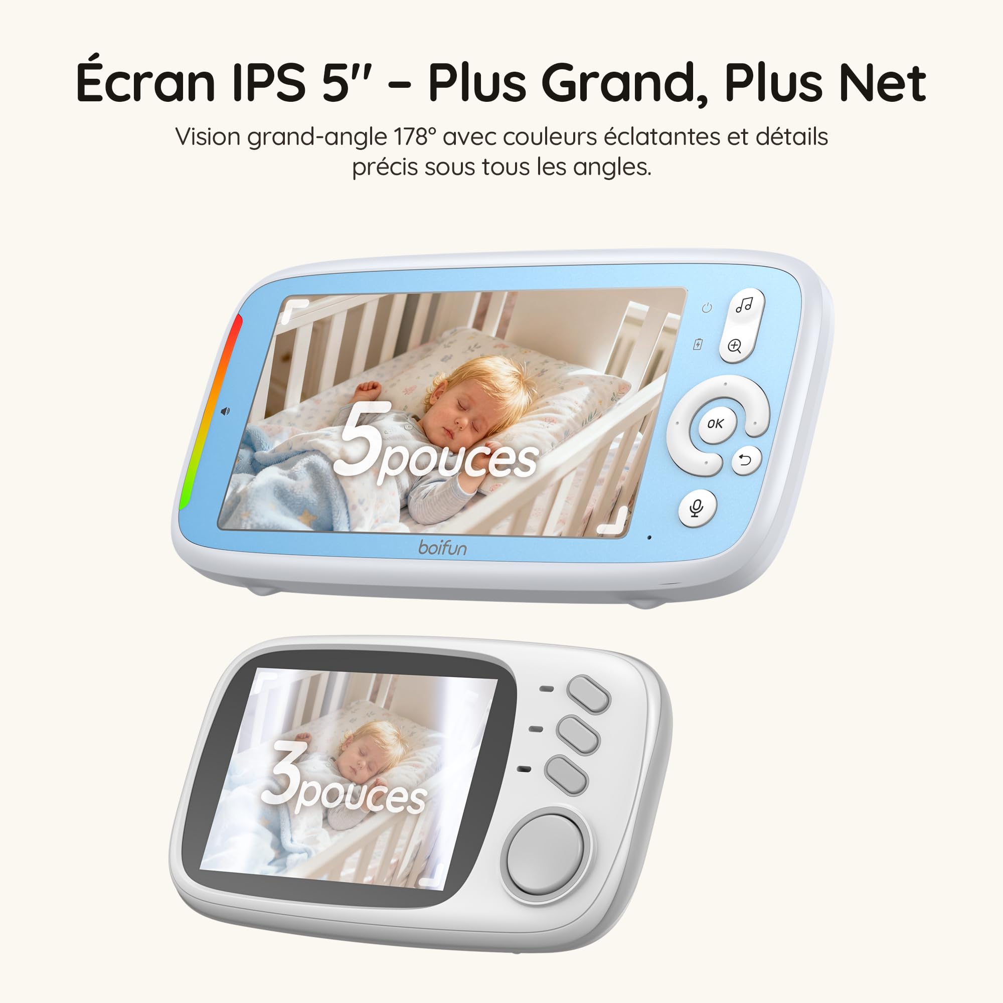 BOIFUN Babyphone Camera sans WiFi ni Ondes 5" 720P IPS (Modèle Amélioré), Vision Nocturne Infrarouge Invisible, Camera Bebe 360°, Batterie Longue Durée 24h, Portée Longue Distance, Audio Clair
