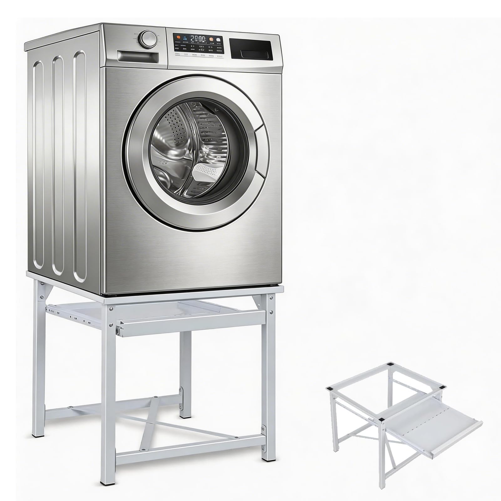 Estructura estable de metal para lavadora, para secadora, elevador de lavadora, con estantes extraíbles, capacidad de carga de 150 kg, base extensible, antideslizante, elevador de pedestal, 60 x 56 x