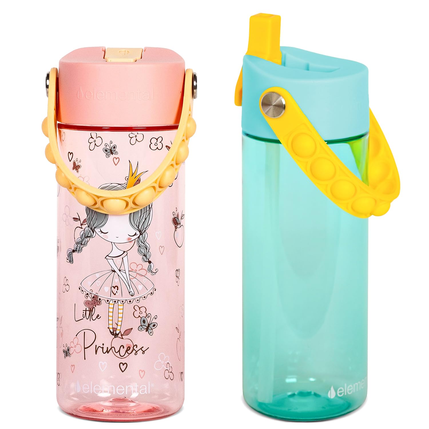 Elemental Leak Proof Water Bottles for Kids - Splash Kids Water Bottle for School with Pop-it Handle - Tritan Plastic Water Bottle with Straw - Little