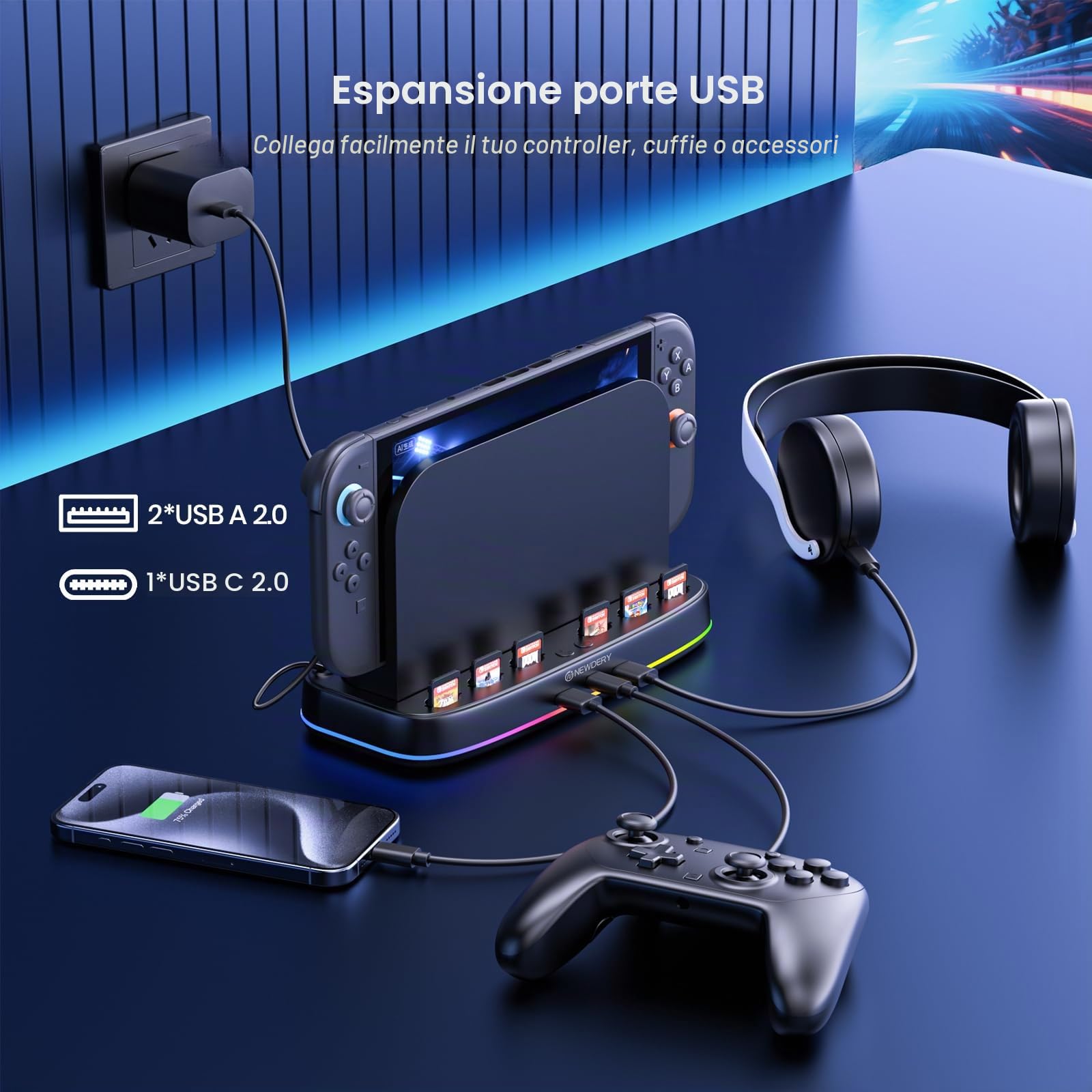 NEWDERY Ventola Compatibile con Nintendo Switch 2, Spazio per 6 Carte di Gioco & 3 Uscite USB, Raffreddatore Switch 2 con Illuminazione RGB, Doppia Ventola a 3 Velocità