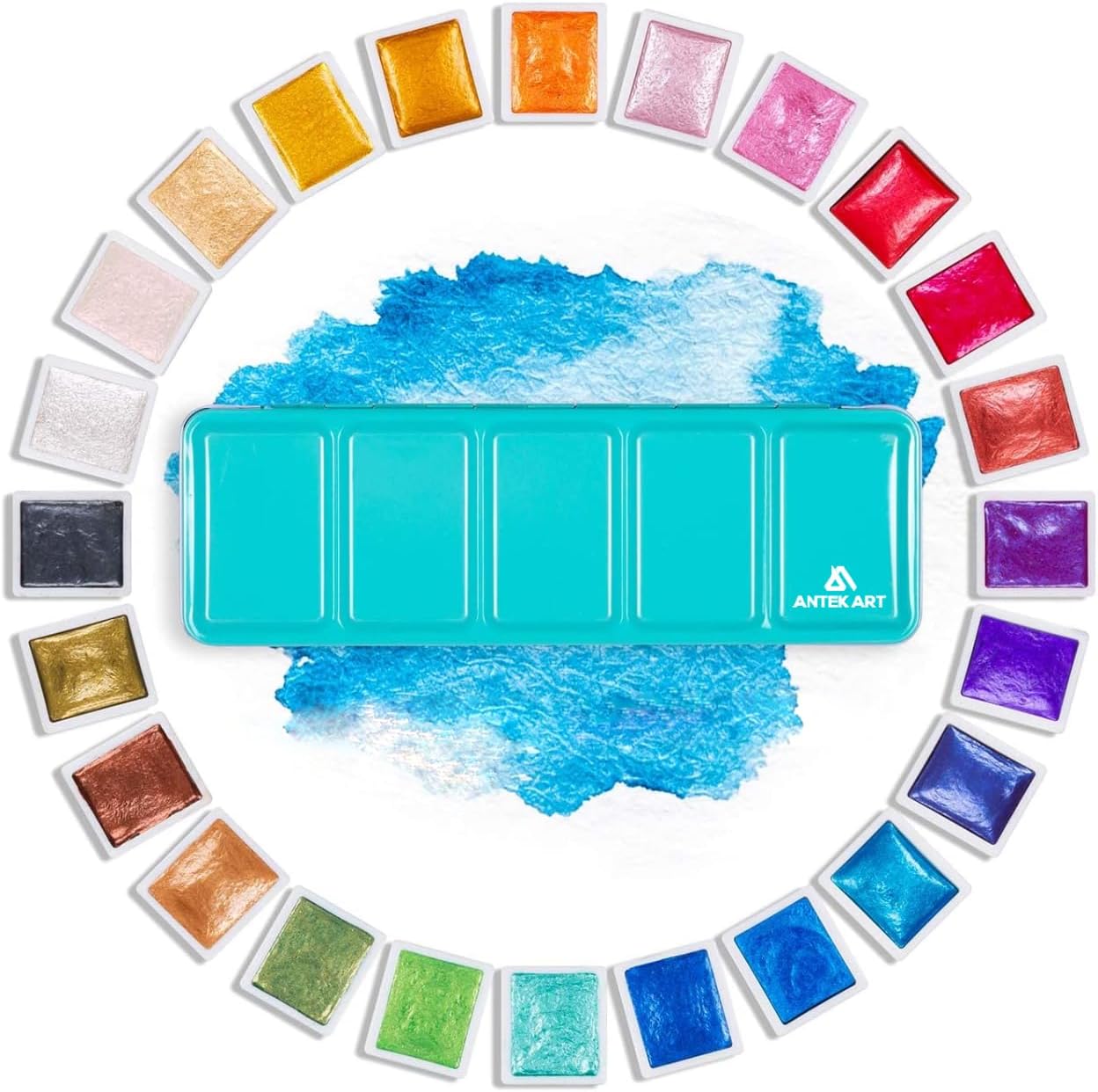 ANTEK ART Metallic Aquarelverf, Set van 24 Glitterkleuren in Draagbaar Metalen Etui met Palet, Geweldig Cadeau-idee voor Kunstenaars, Schilders