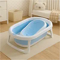 PIPDIP Kit Banheira Portátil Dobrável para bebê, Modelo 2 em 1, Com Encosto, Capacidade de até 44 Litros, Portátil, Plástico e Borracha, Branco e Azul.