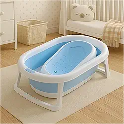 PIPDIP Kit Banheira Portátil Dobrável para bebê, Modelo 2 em 1, Com Encosto, Capacidade de até 44 Litros, Portátil, Plástico e Borracha, Branco e Azul.