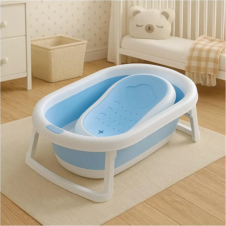 PIPDIP Kit Banheira Portátil Dobrável para bebê, Modelo 2 em 1, Com Encosto, Capacidade de até 44 Litros, Portátil, Plástico e Borracha, Branco e Azul.