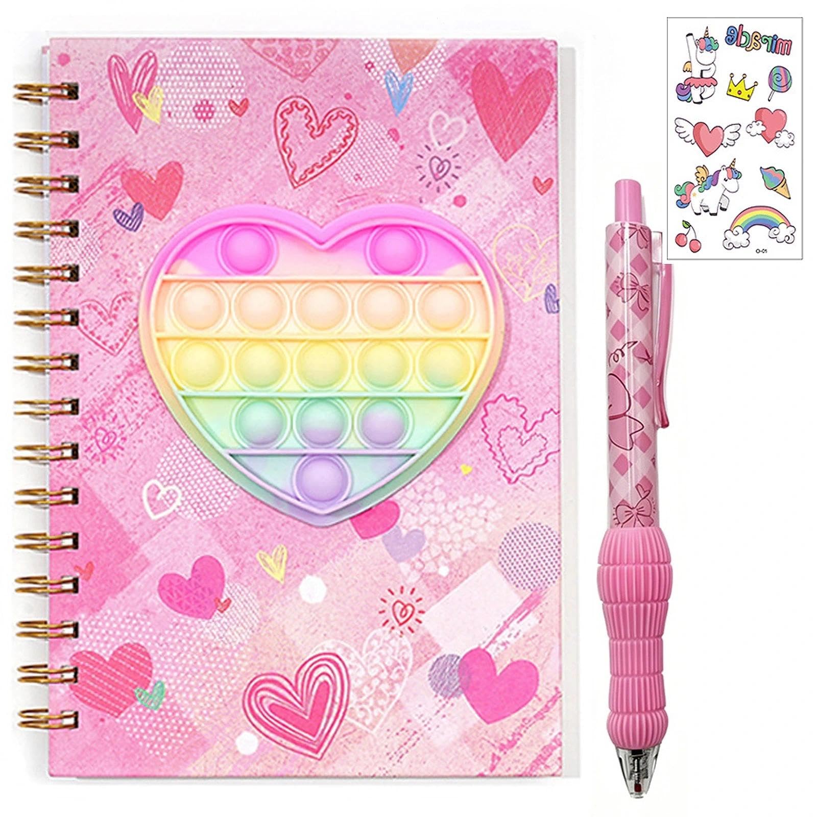 HUANYO Dopamine Notebook for Stress Relief & Happy Mood – A5 Spiral Journal with Pen & Stickers, 160 Pages, 8.27 x 5.71 Inches – Fun Diary for Girls Ages 6-12, Kids Present (love)