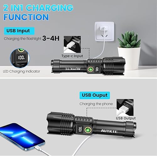 Miniatura 5 de Linternas LED recargables, 250000 lúmenes altos, 5 modos de zoom, linterna súper brillante, táctica potente IPX7 impermeable luz flash de mano para