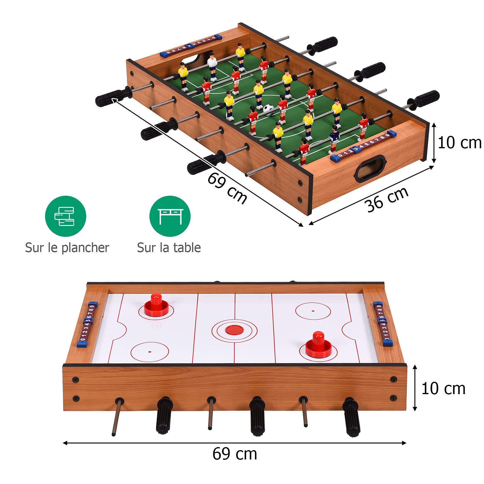 DREAMADE 2 en 1 Table de Jeu Multifonctionnelle en Bois Baby Foot + Hockey Accessoires Riches Utilisation Large pour Maison Bureau Camping