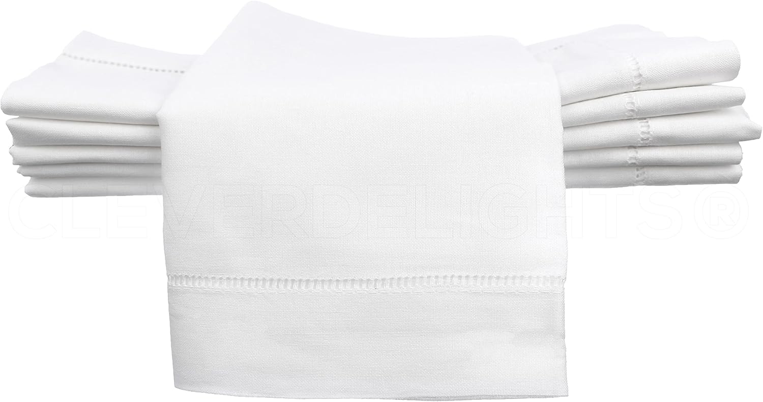CleverDelights 20" White Hemstitch Dinner Napkins - 12 Pack - 55/45 Linen Cotton Blend
