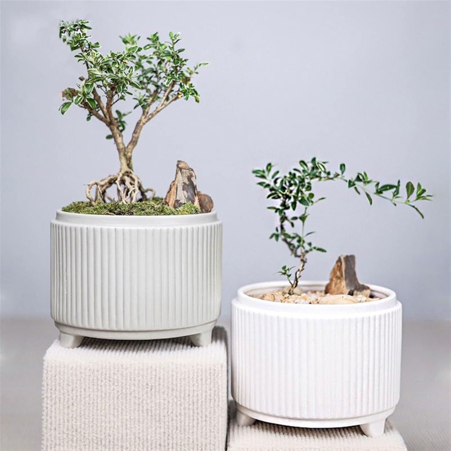 Planters Simple and Versatile Ceramic Planter High-Footed Vertical Stripes Breathable Succulent Plant Pot with Drainage Holes Nursery Pots (Color : Gray)