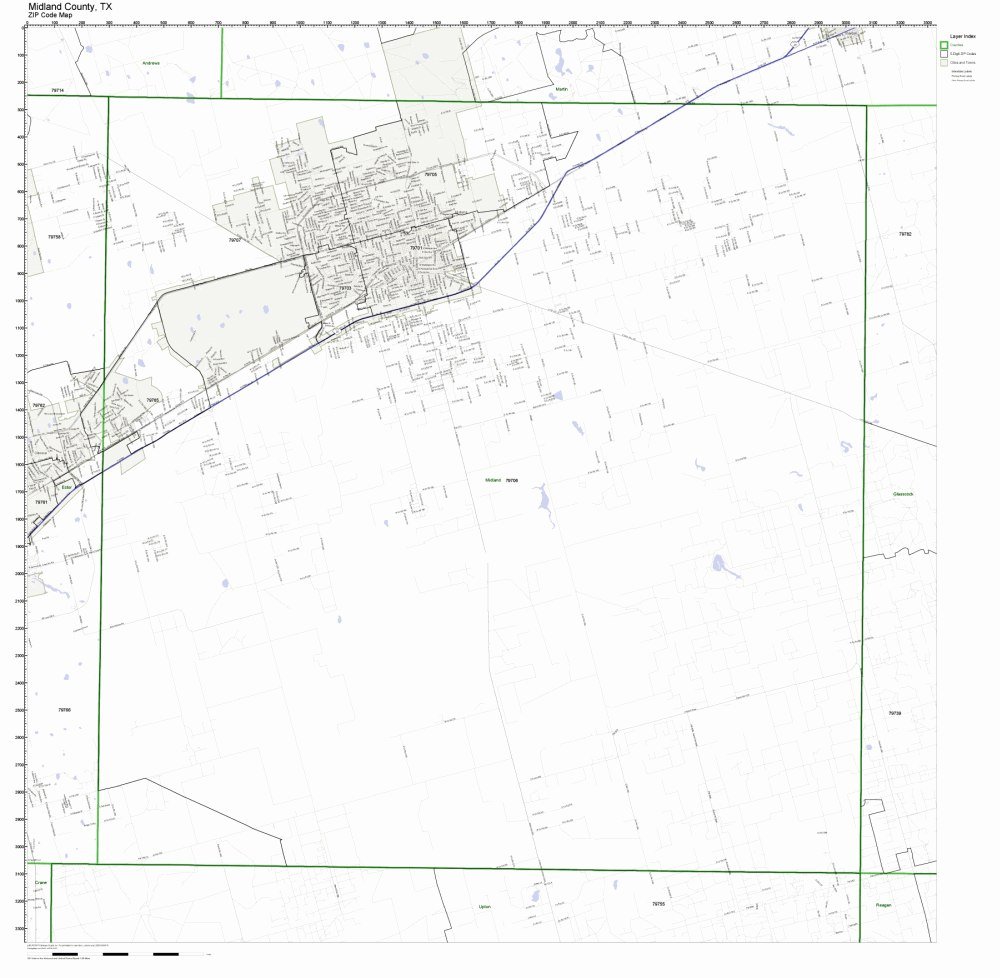 Midland County, Texas TX ZIP Code Map Not Laminated Office