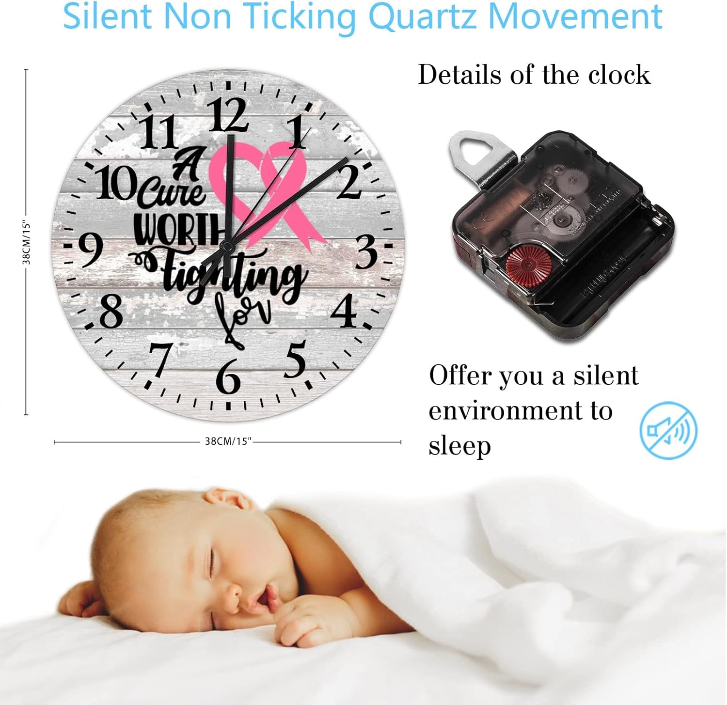 Wood Clock Breast Cancer A Cure Worth Fighting for Rustic Wooden Art Hanging Clock Non Ticking Arabic Numbers Breast Cancer Awareness Month Pink Ribbon Round Clock for Dining Room Decor 15 Inch