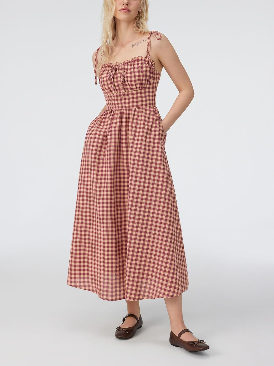 CIDER Women's Gingham Maxi Dresses Bow Tie Square Neck Plaid Milkmaid Dress with Pockets Summer Long Dress Vacation Outfits