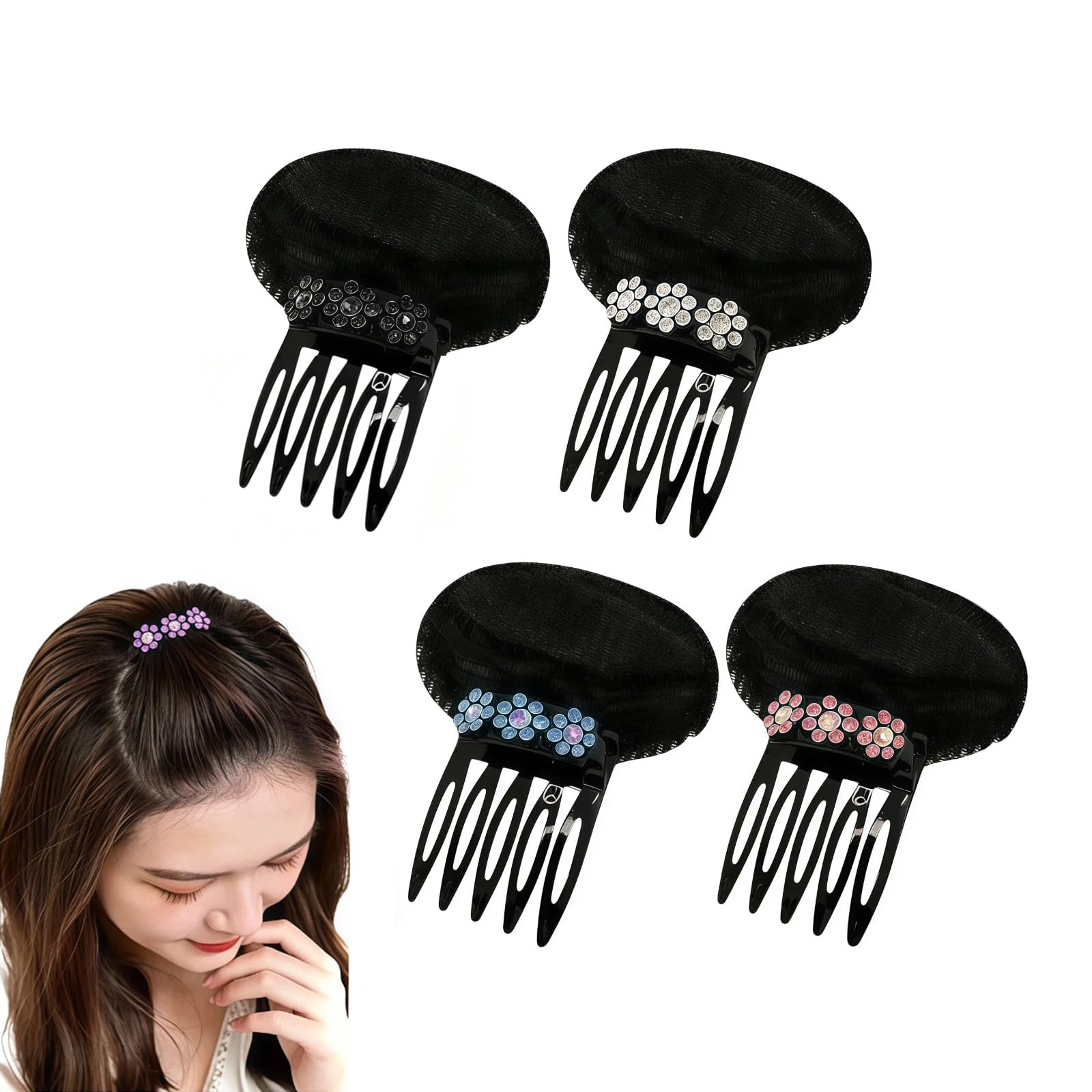 4Pcs Black Bump It Up Volume Inserts Hair Base Comb with Rhinestone Flower Invisible Fluffy Hair Pad Clip Sponge Styling Insert Tool for Women Lay (Random Color)