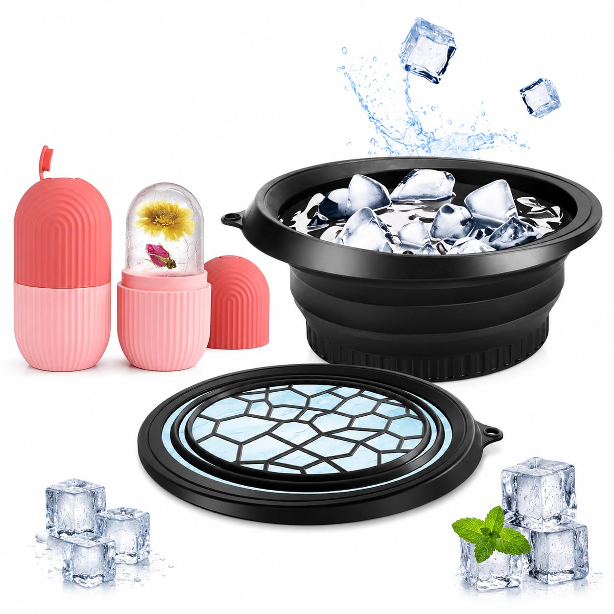 Shrisita Silicone Collapsible Face Bowl with Built-in Black Ice Tray and Pink Silicon Ice Roller for Men and Women with Hook-image-44
