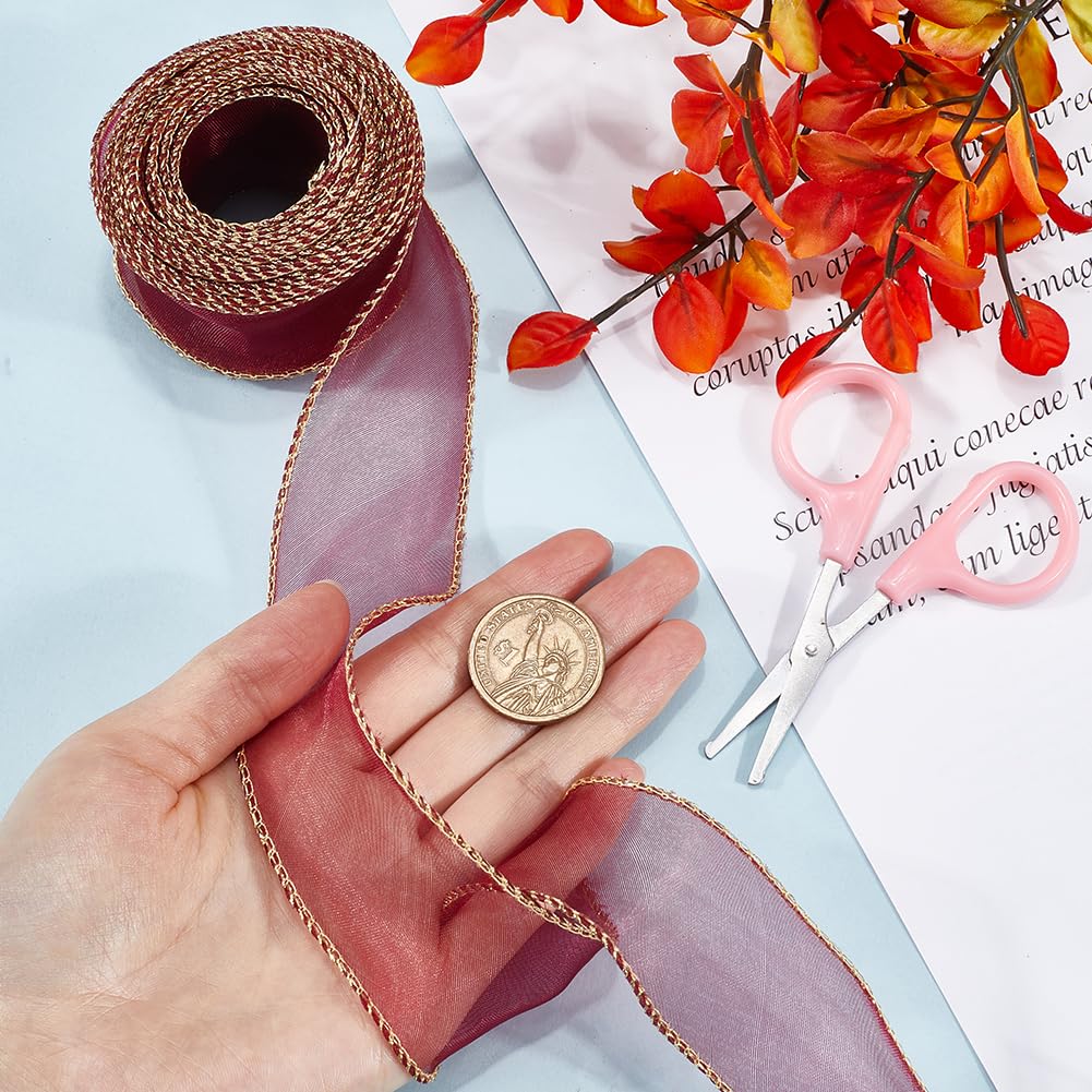 CRASPIRE 1-5/8” Wide Wine Red Gold Wired Organza Ribbon Sheer Tulle Gift Ribbon Handmade Christmas Chiffon Fabric 6.5Yd for Gift Wrapping Wedding Flower Bouquet Wreaths Crafts Hair Bow Party Holiday - Image 3