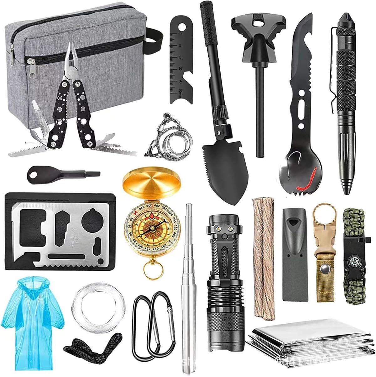 scosao Außen Notfall Survival Kit, 22 in 1 Erste Hilfe Set Notfall Ausrüstung mit Tasche für Outdoor-Abenteuer, Jagen, Wandern, Fischen, Geschenke für Männer Frauen