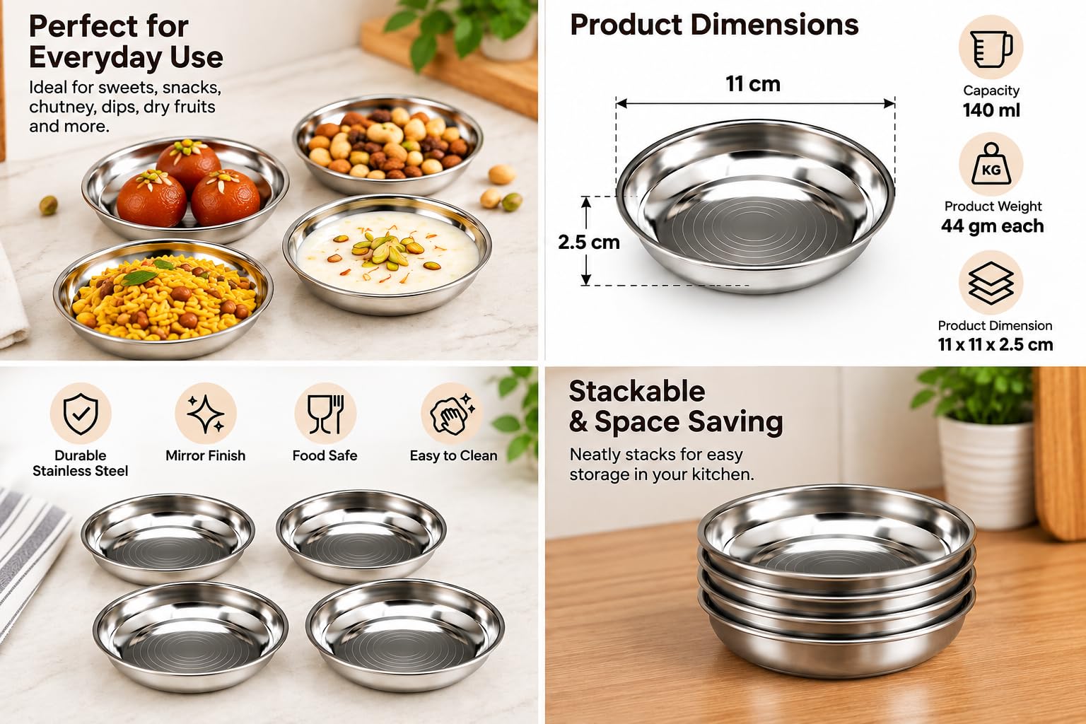 Stainless Steel Halwa Plates - Set of 4 -5
