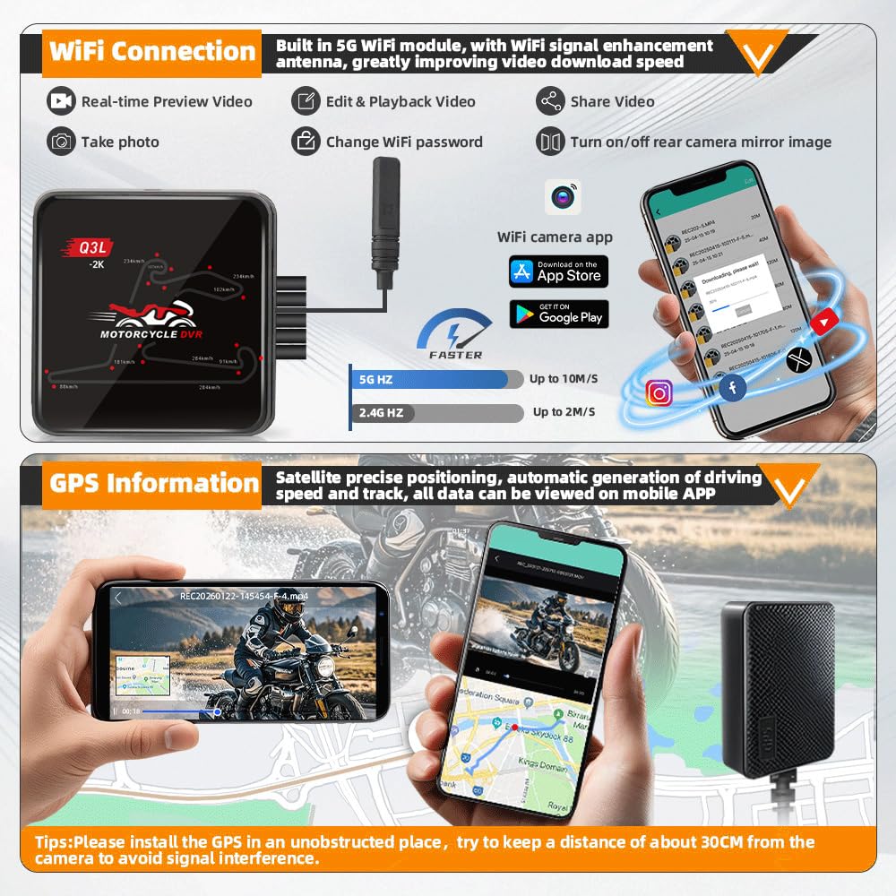 VSYSTO Motorrad Dashcam, Zwei 2K Starlight Nachtsichtkameras mit 5G WLAN, Parküberwachung, GPS, TPMS, wasserdicht, Temperaturanzeige, Unterspannungsschutz (Q3PRO)
